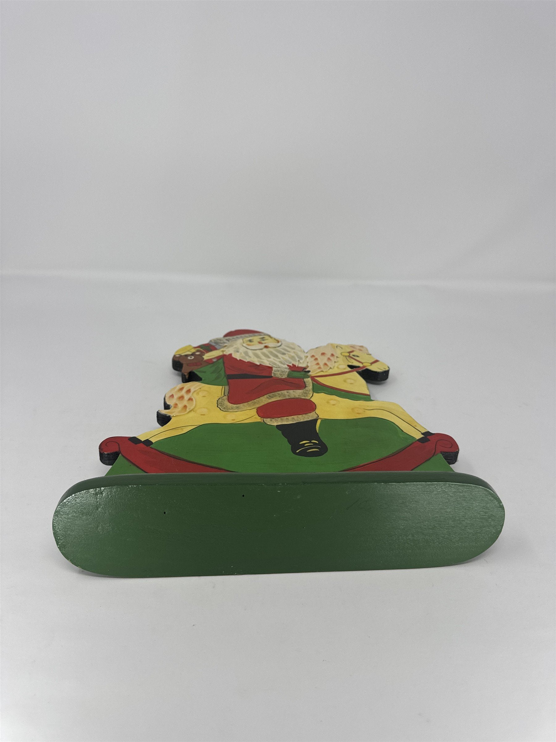 Vtg Wood Santa on Rocking Horse Folk Art Cutout Hand Painted Christmas Decor