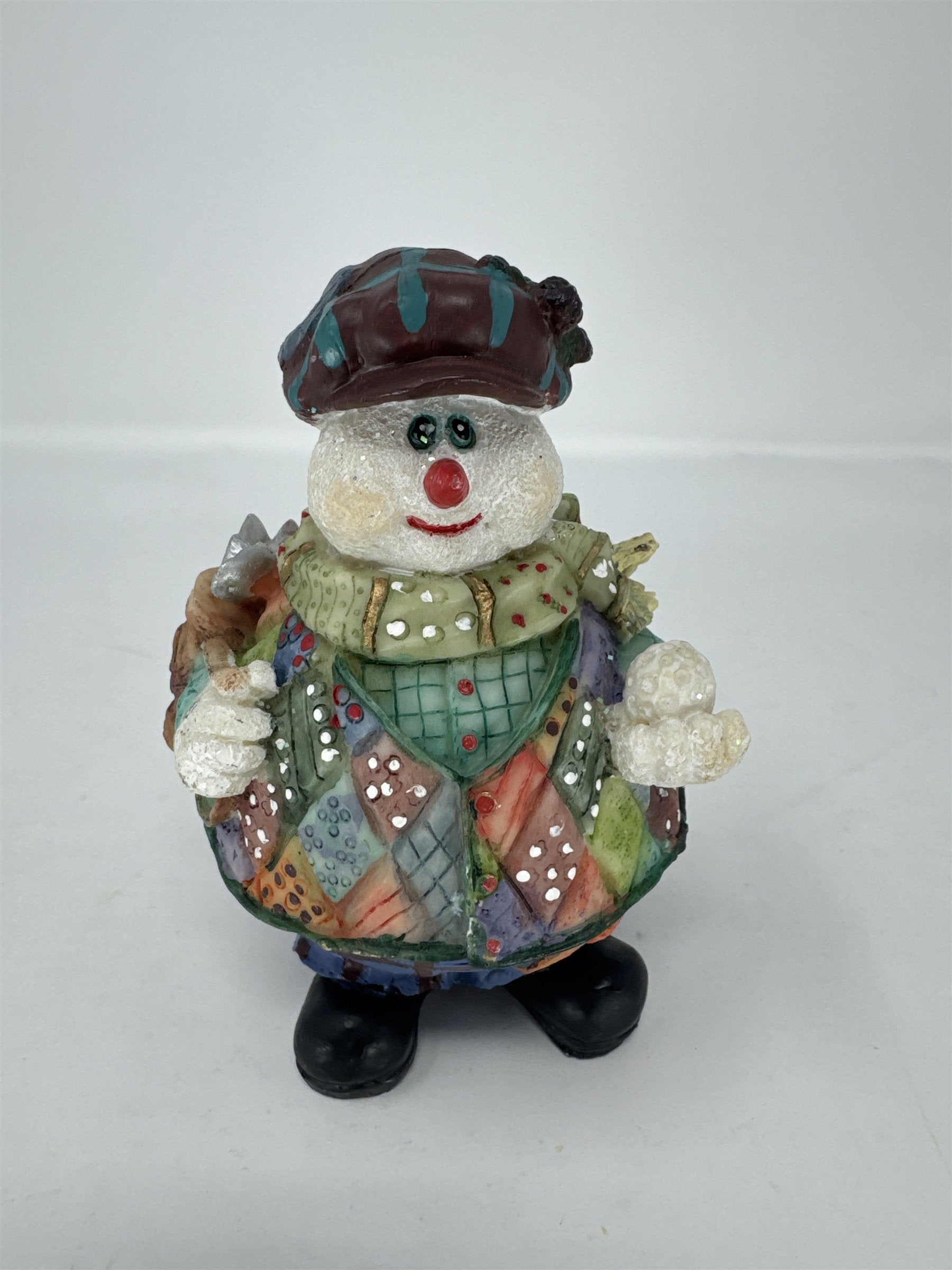 Vtg Golfing Snowman Figurine Patchwork Jacket Golf Bag Clubs Resin Decor