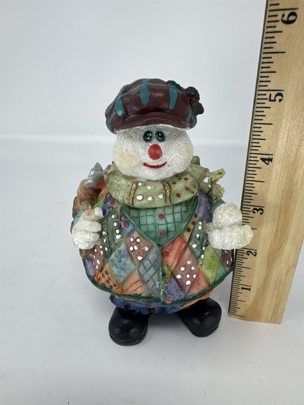 Vtg Golfing Snowman Figurine Patchwork Jacket Golf Bag Clubs Resin Decor