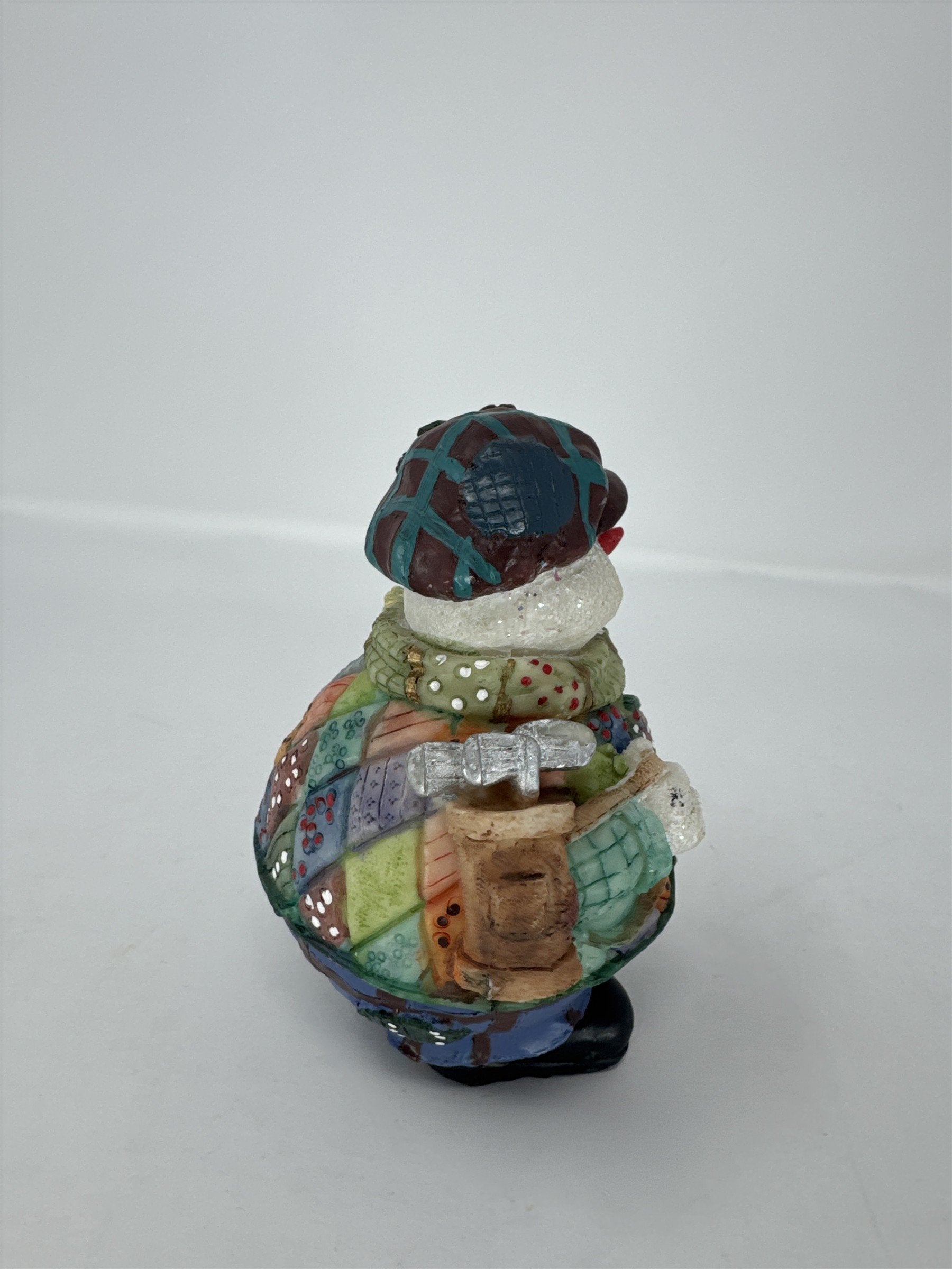 Vtg Golfing Snowman Figurine Patchwork Jacket Golf Bag Clubs Resin Decor