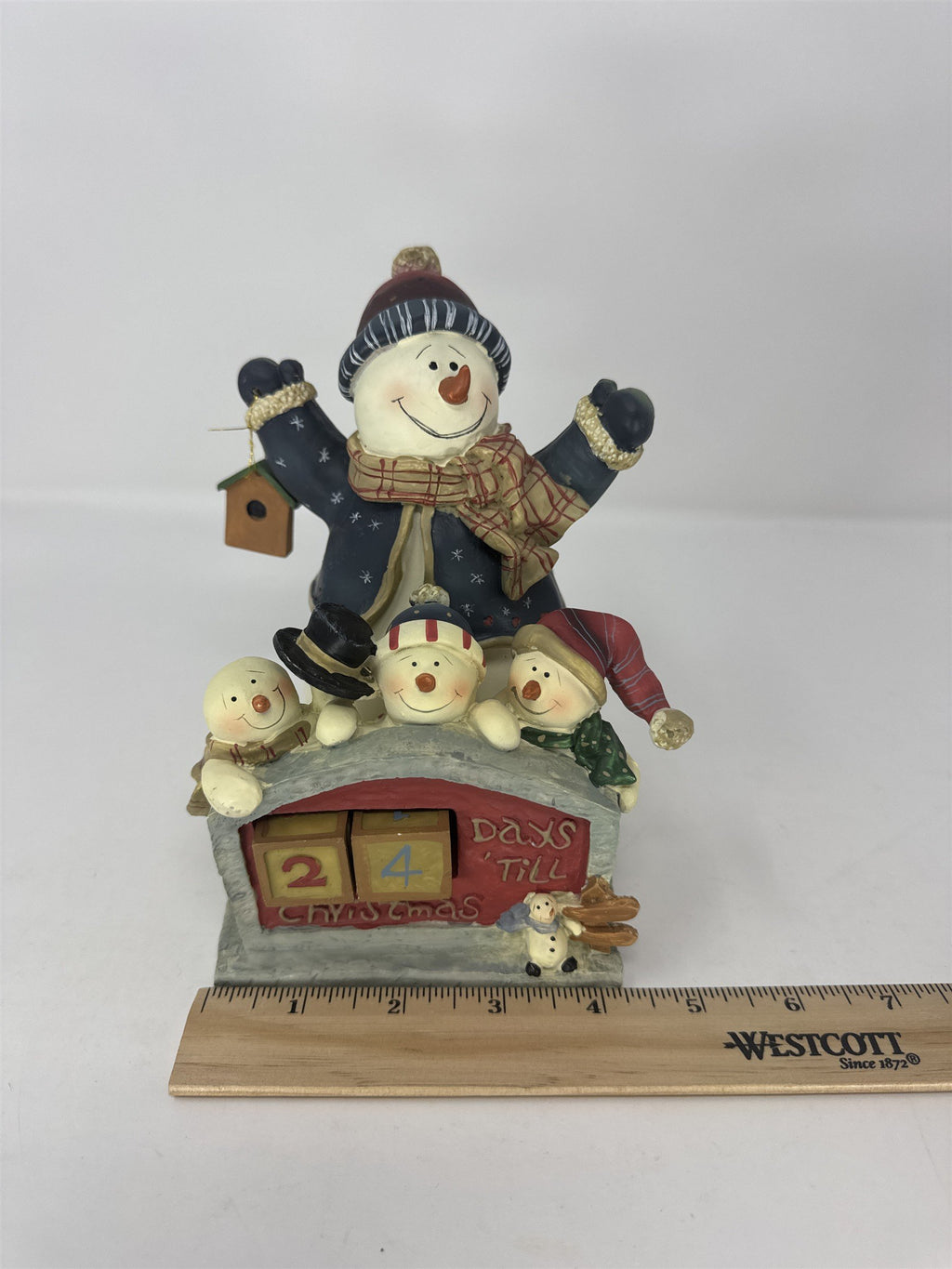 Vtg Christmas Countdown Calendar Snowman Family Figurine Resin Wood Blocks