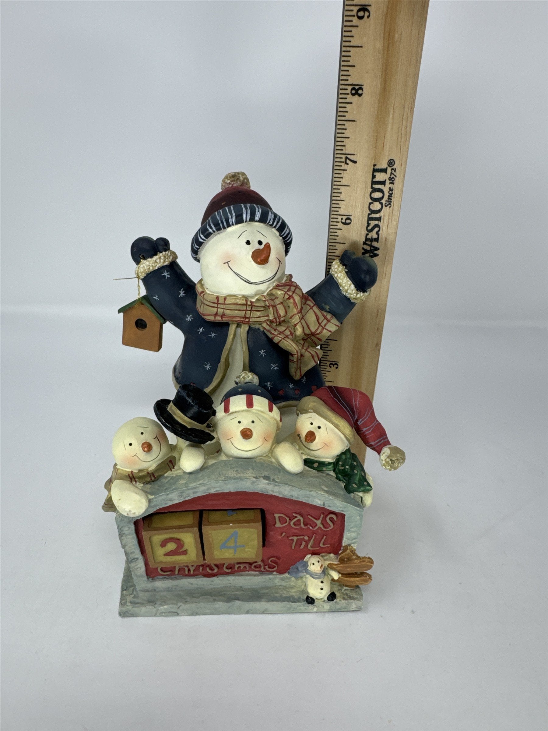 Vtg Christmas Countdown Calendar Snowman Family Figurine Resin Wood Blocks