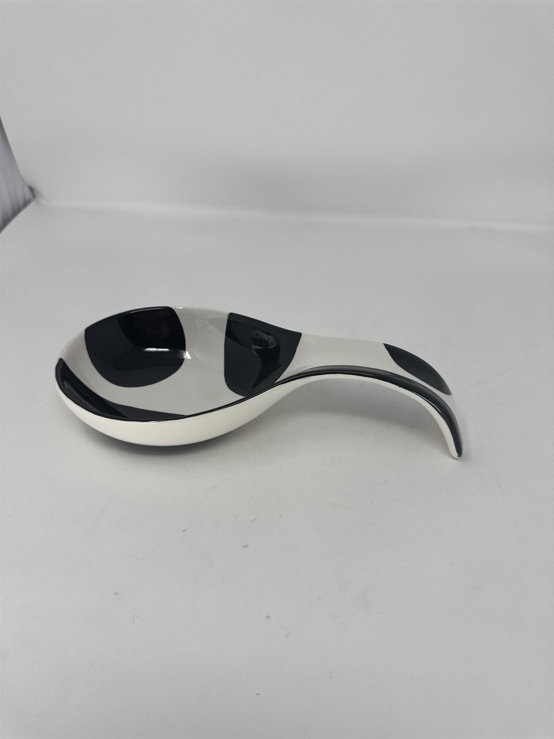Boulevard Hand Painted Spoon Rest Black White Cow Print Ceramic Tabletop