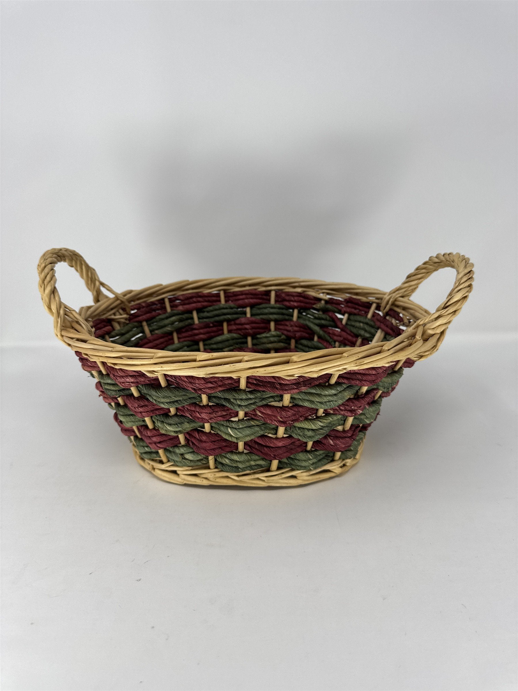 Vtg Wicker Gathering Basket Dark Brown Woven Wood Wrapped Handle Sturdy