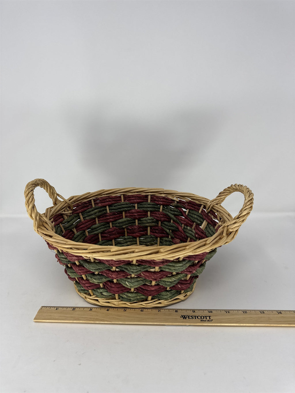 Vtg Wicker Gathering Basket Dark Brown Woven Wood Wrapped Handle Sturdy