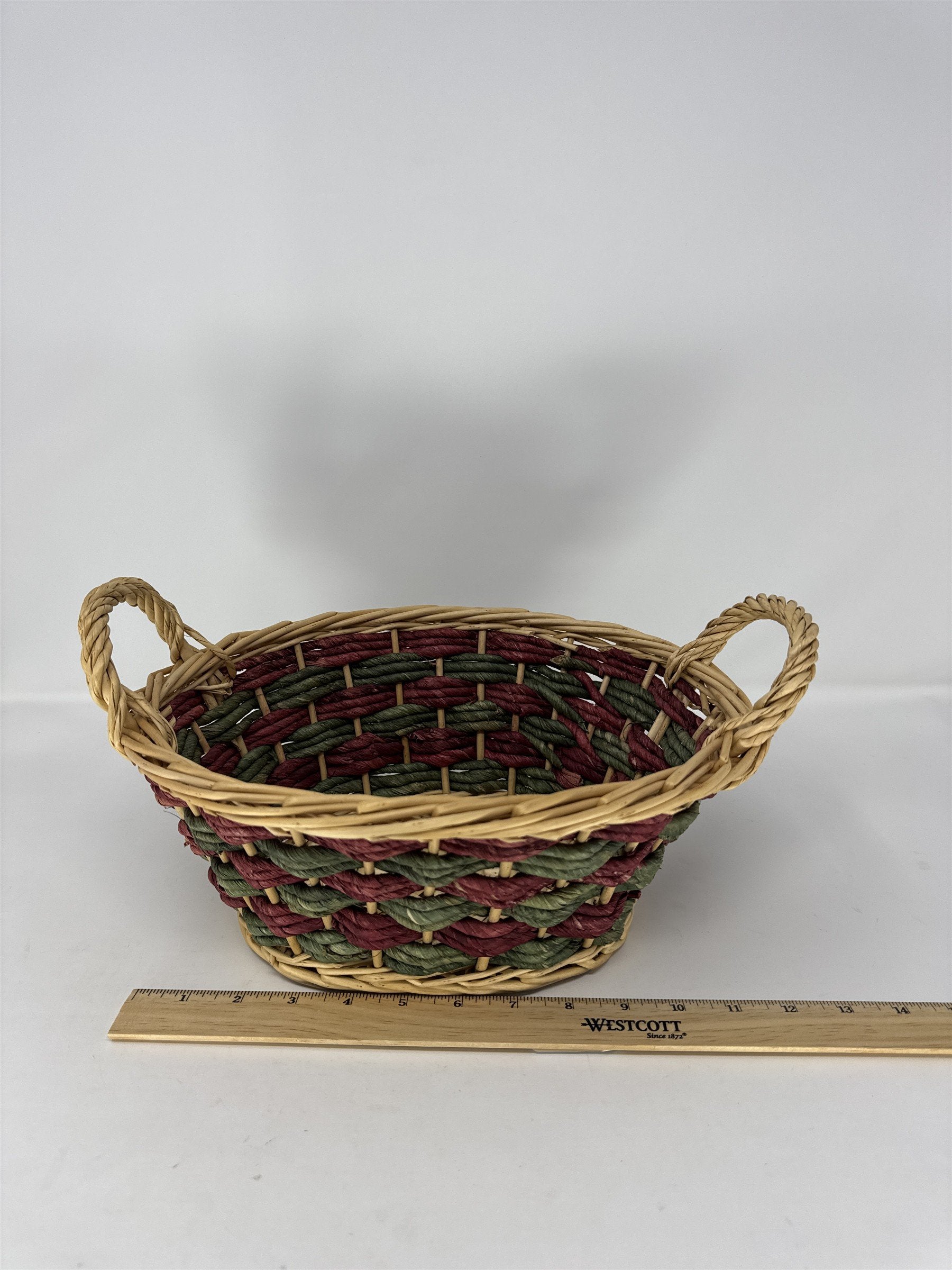 Vtg Wicker Gathering Basket Dark Brown Woven Wood Wrapped Handle Sturdy