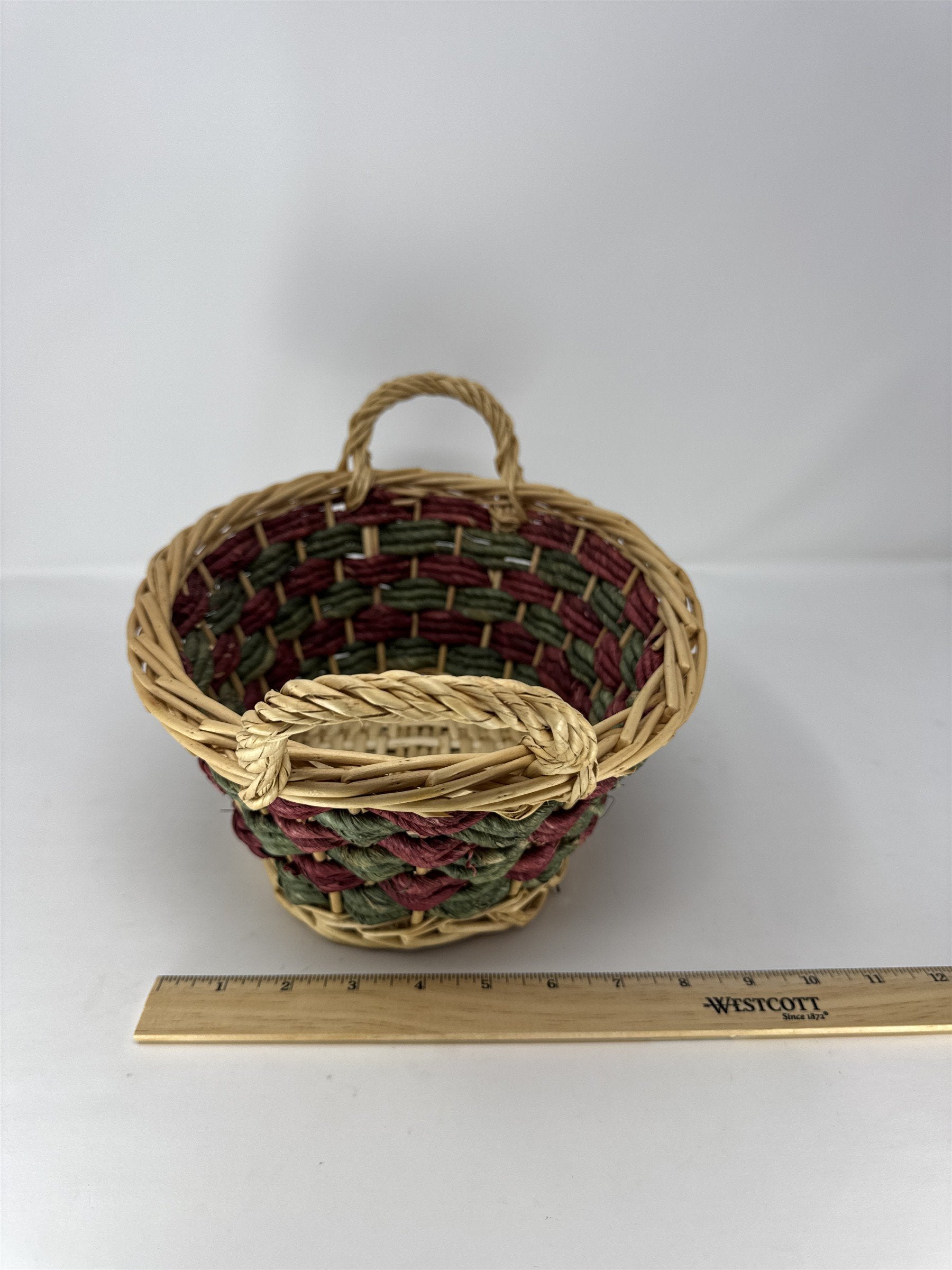 Vtg Wicker Gathering Basket Dark Brown Woven Wood Wrapped Handle Sturdy