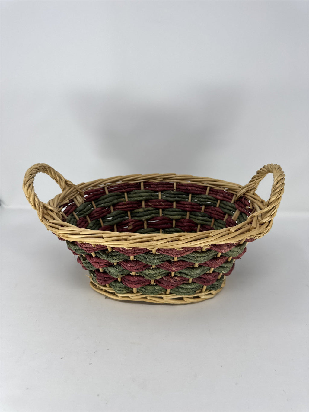 Vtg Wicker Gathering Basket Dark Brown Woven Wood Wrapped Handle Sturdy