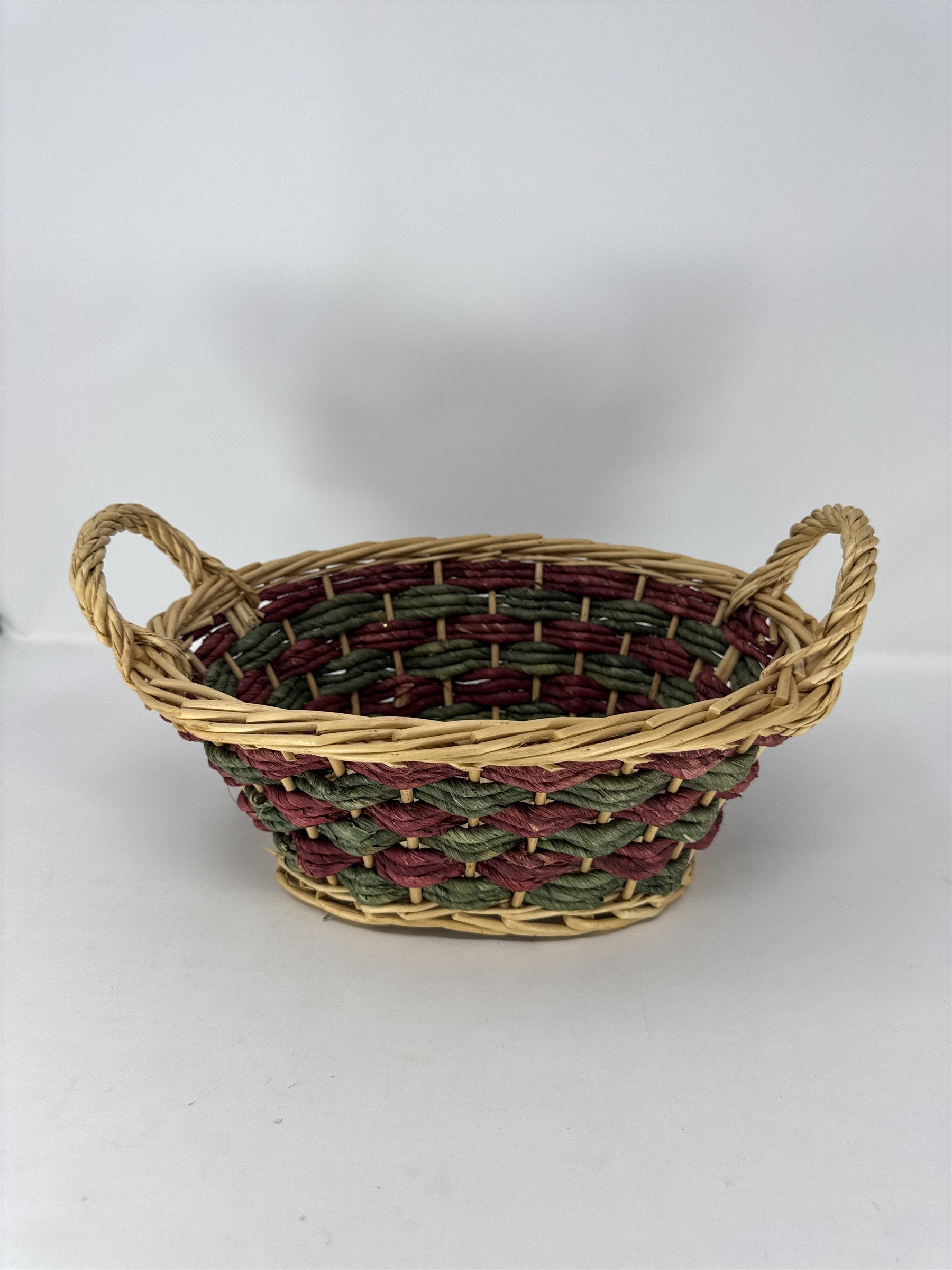 Vtg Wicker Gathering Basket Dark Brown Woven Wood Wrapped Handle Sturdy