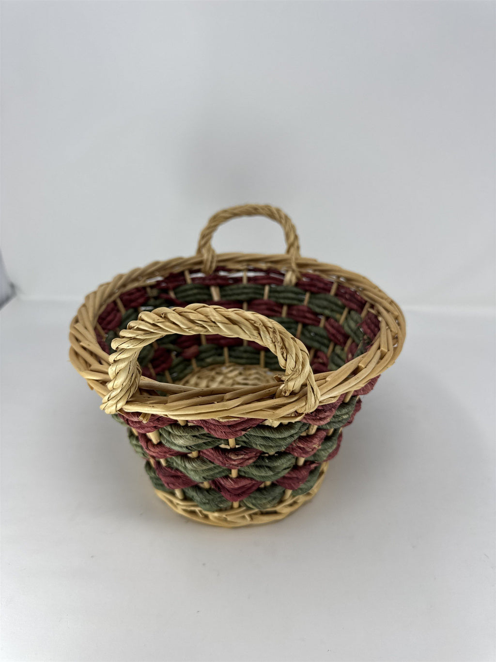 Vtg Wicker Gathering Basket Dark Brown Woven Wood Wrapped Handle Sturdy