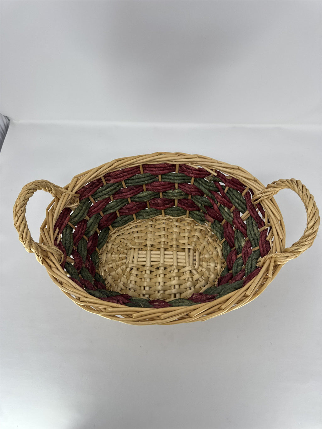 Vtg Wicker Gathering Basket Dark Brown Woven Wood Wrapped Handle Sturdy