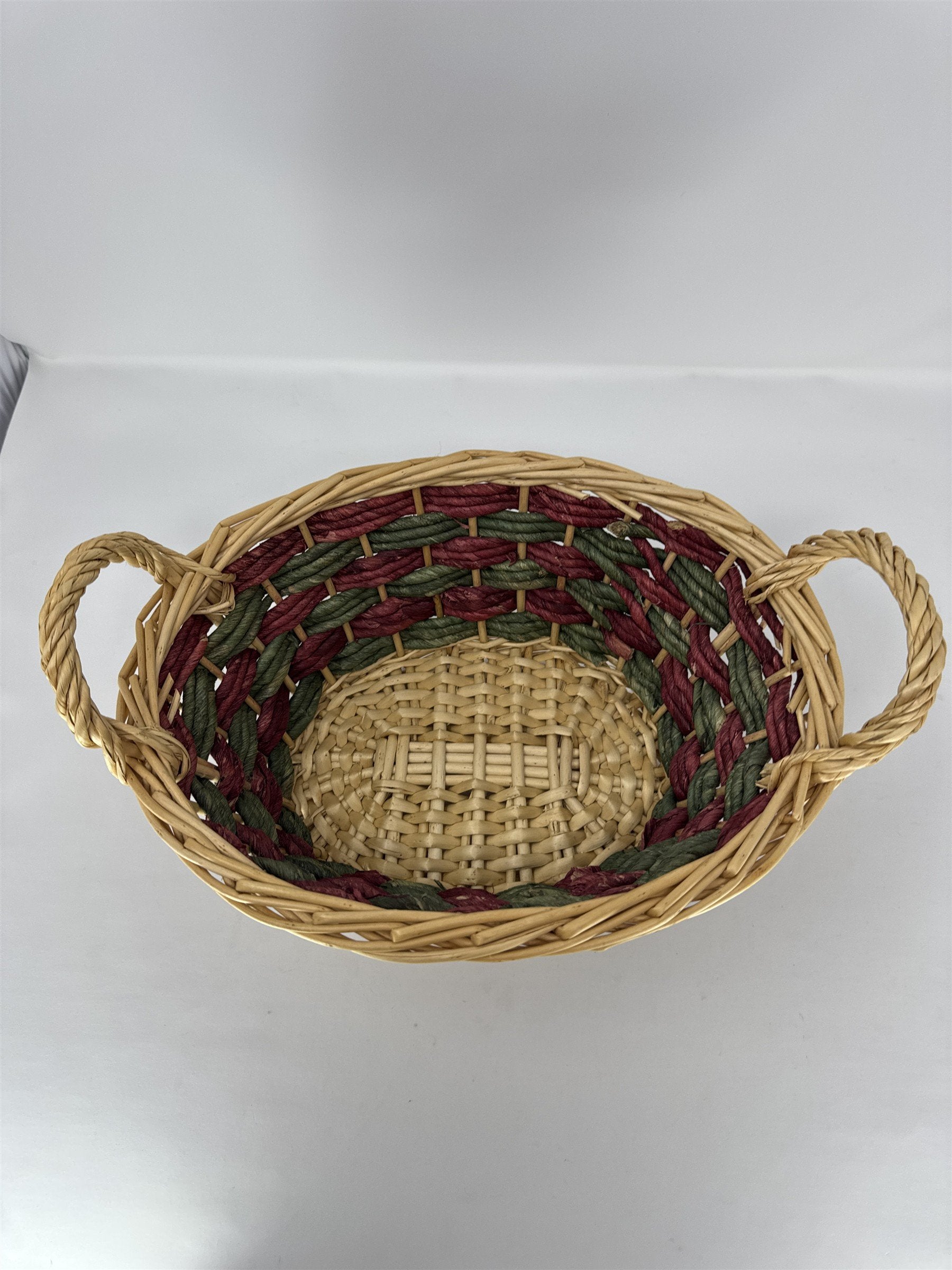 Vtg Wicker Gathering Basket Dark Brown Woven Wood Wrapped Handle Sturdy