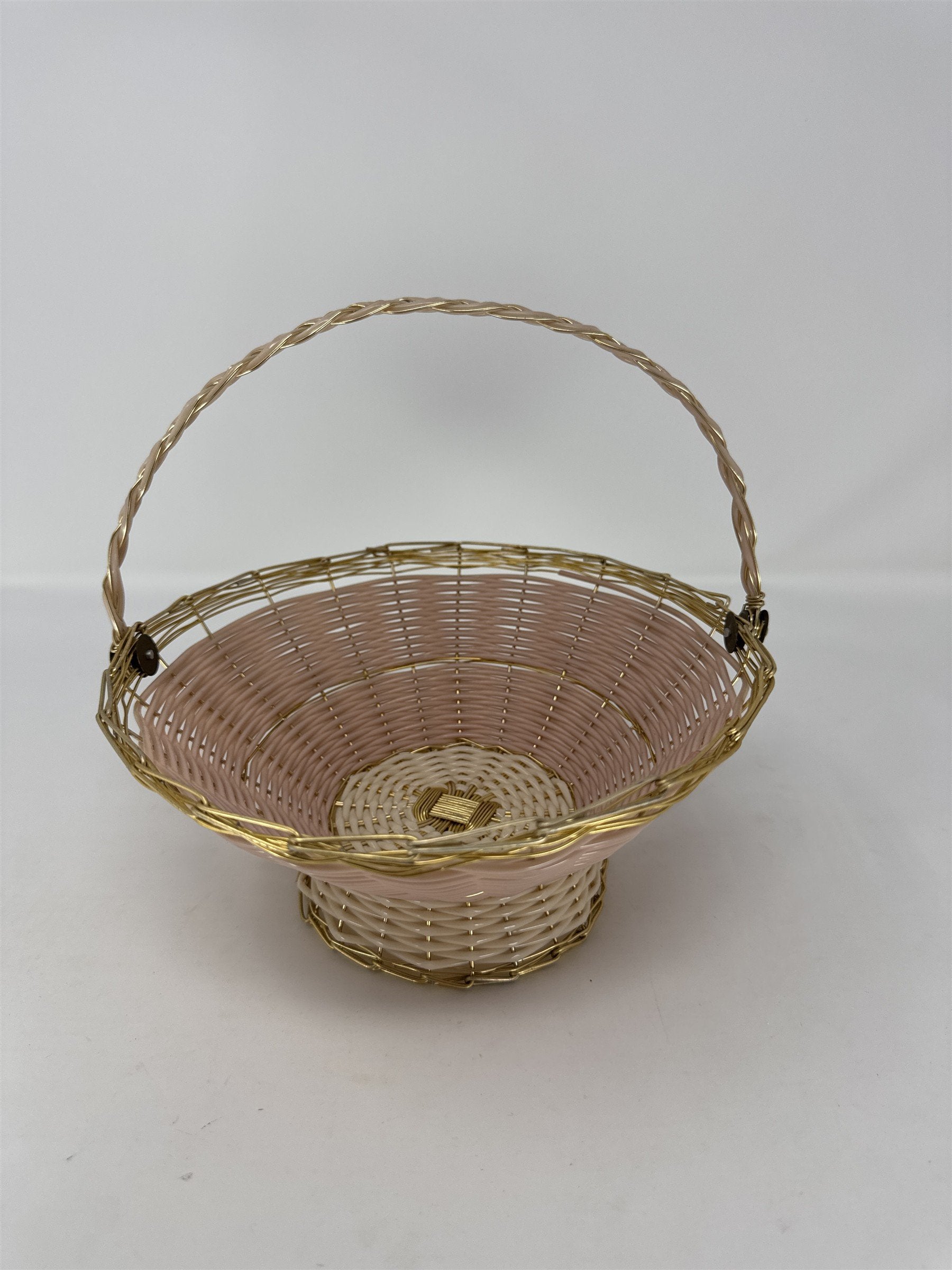 MCM Peach Pink Plastic Lattice Basket Gold Handles Hollywood Regency