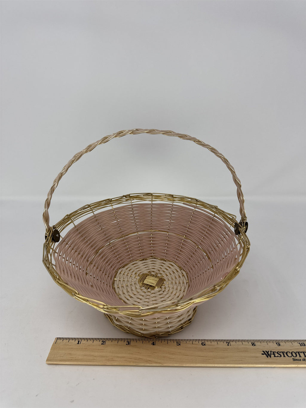 MCM Peach Pink Plastic Lattice Basket Gold Handles Hollywood Regency