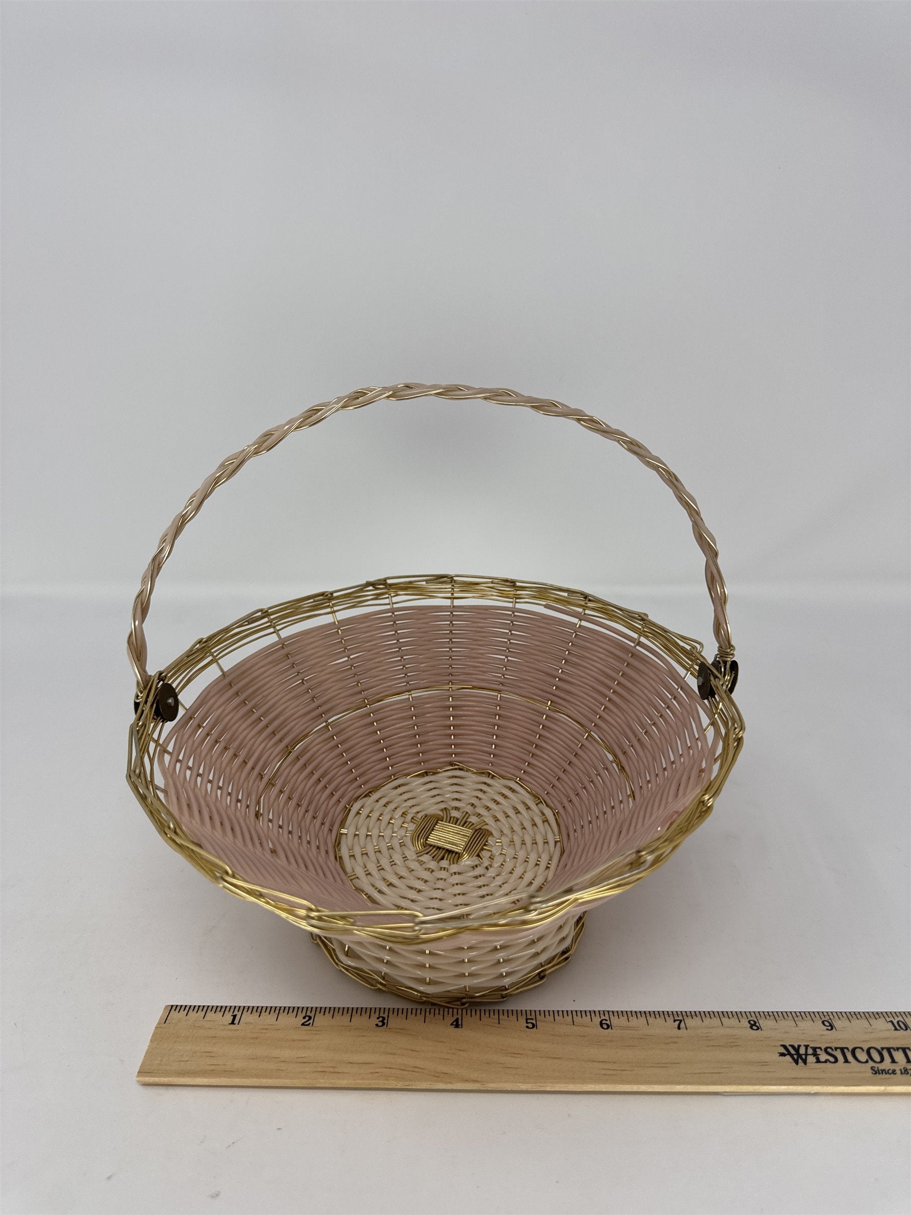 MCM Peach Pink Plastic Lattice Basket Gold Handles Hollywood Regency