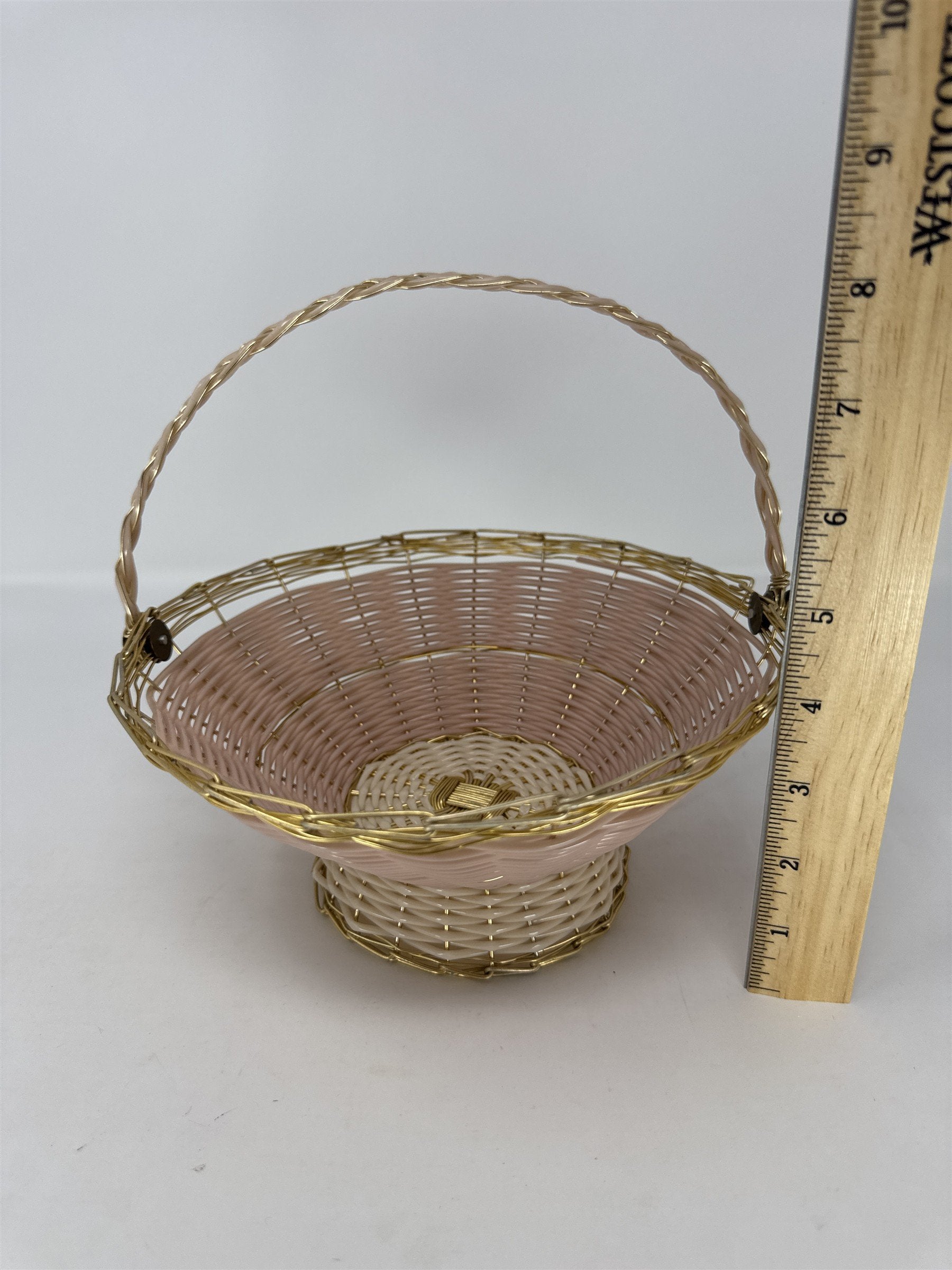 MCM Peach Pink Plastic Lattice Basket Gold Handles Hollywood Regency