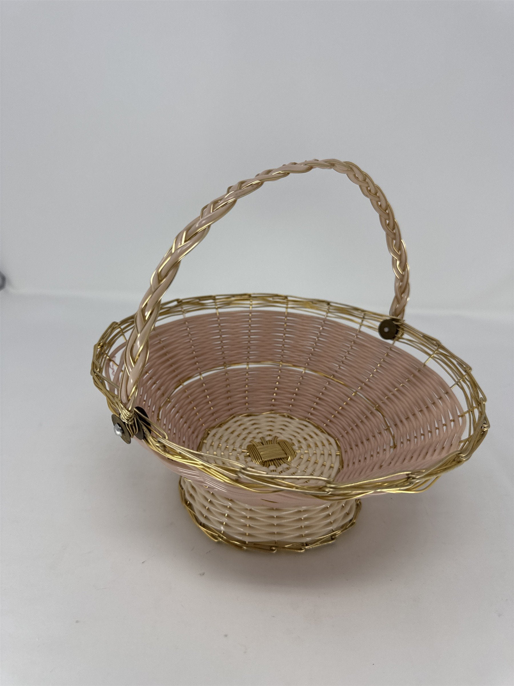 MCM Peach Pink Plastic Lattice Basket Gold Handles Hollywood Regency