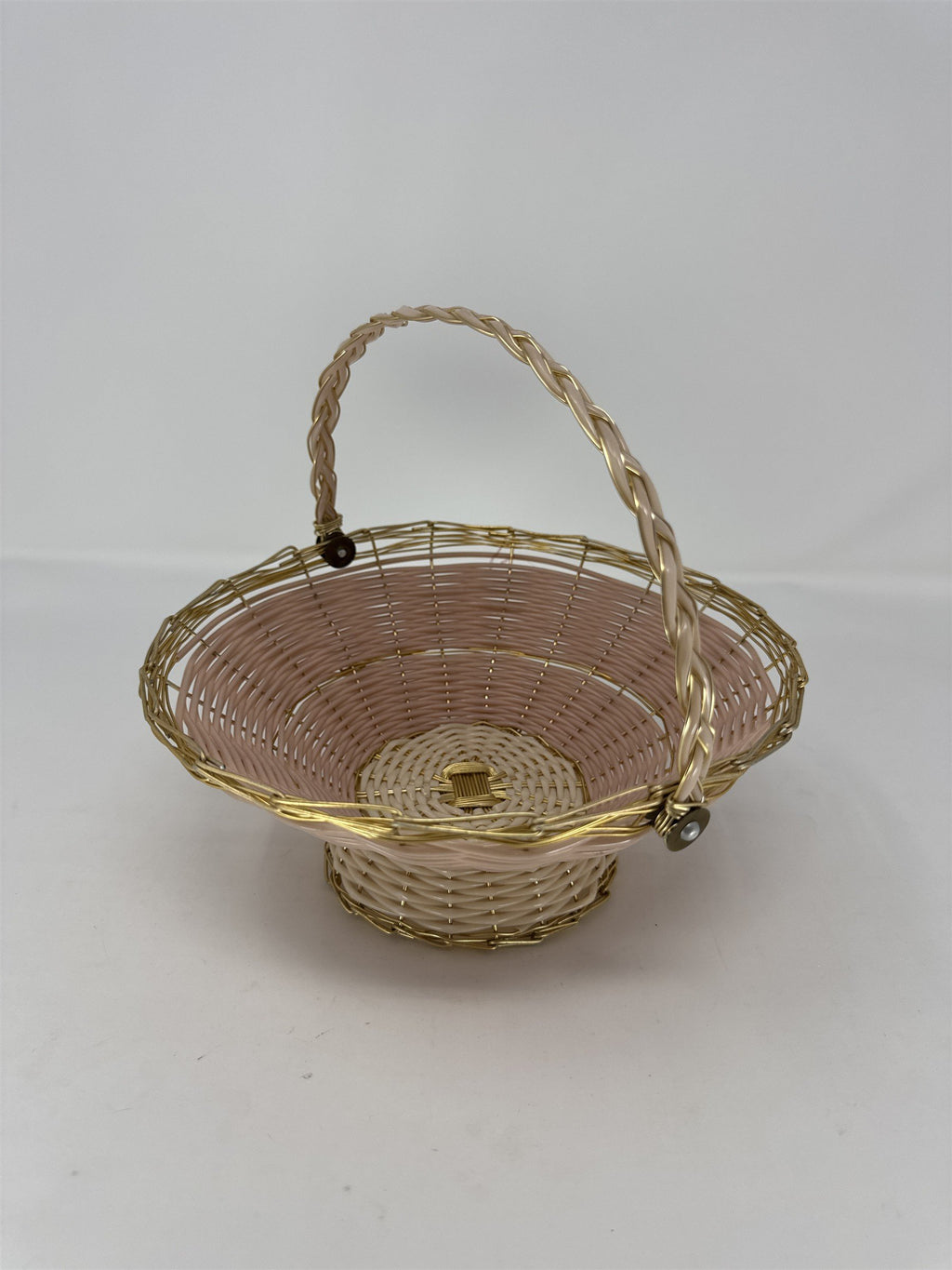 MCM Peach Pink Plastic Lattice Basket Gold Handles Hollywood Regency