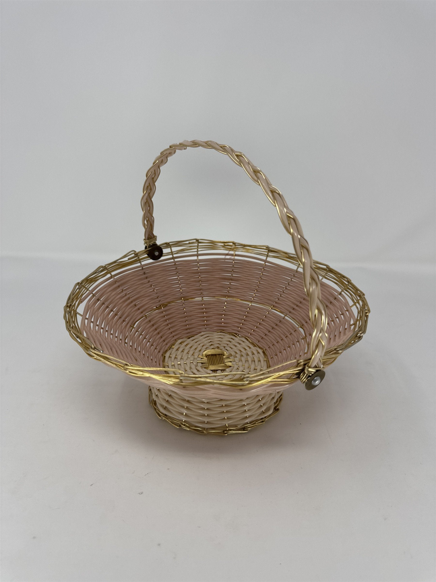 MCM Peach Pink Plastic Lattice Basket Gold Handles Hollywood Regency