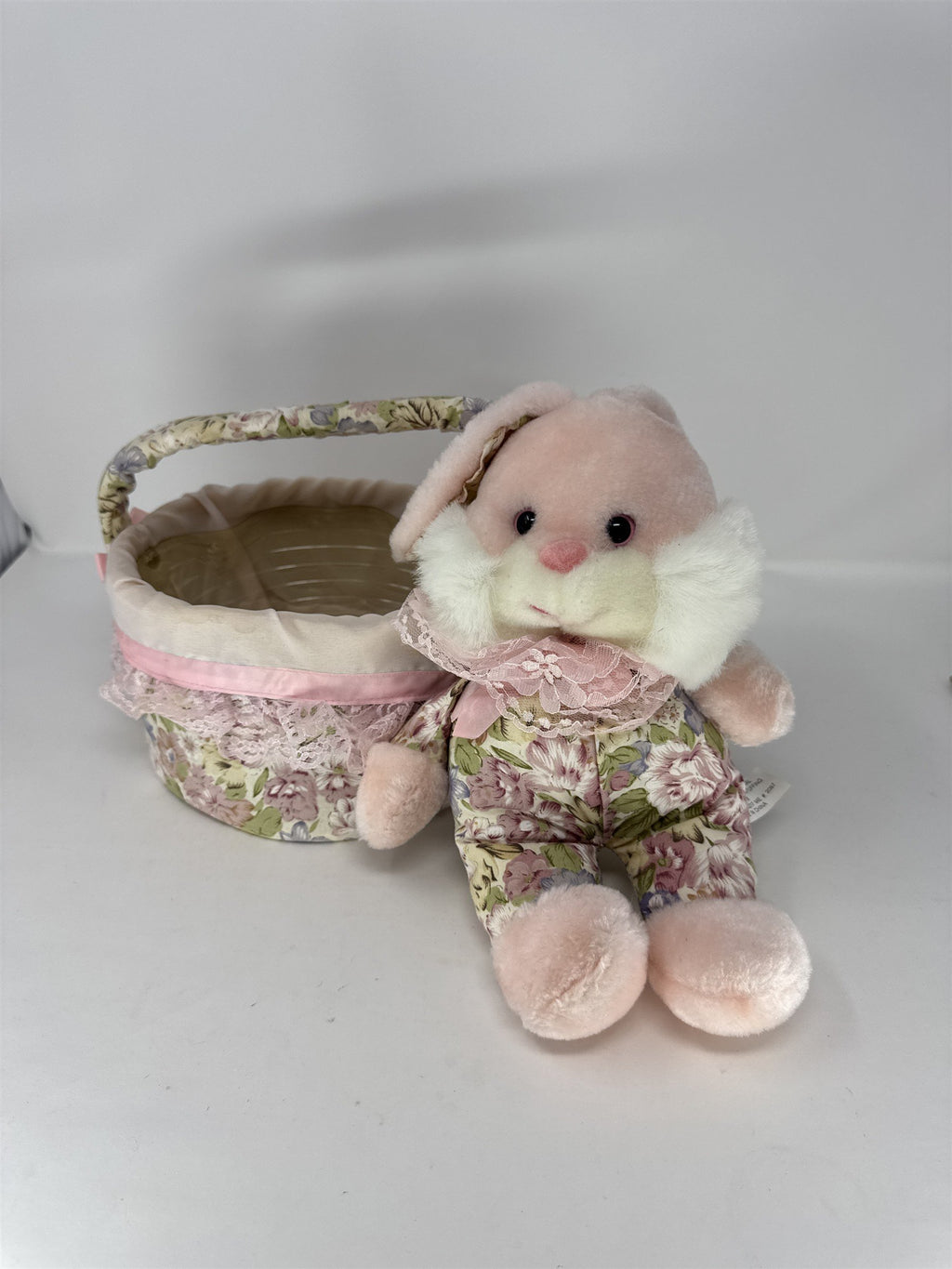 Vintage Easter Bunny Plush Basket Pink Floral Fabric Lace Trim Plastic Liner