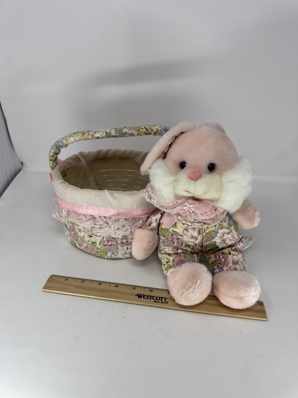 Vintage Easter Bunny Plush Basket Pink Floral Fabric Lace Trim Plastic Liner