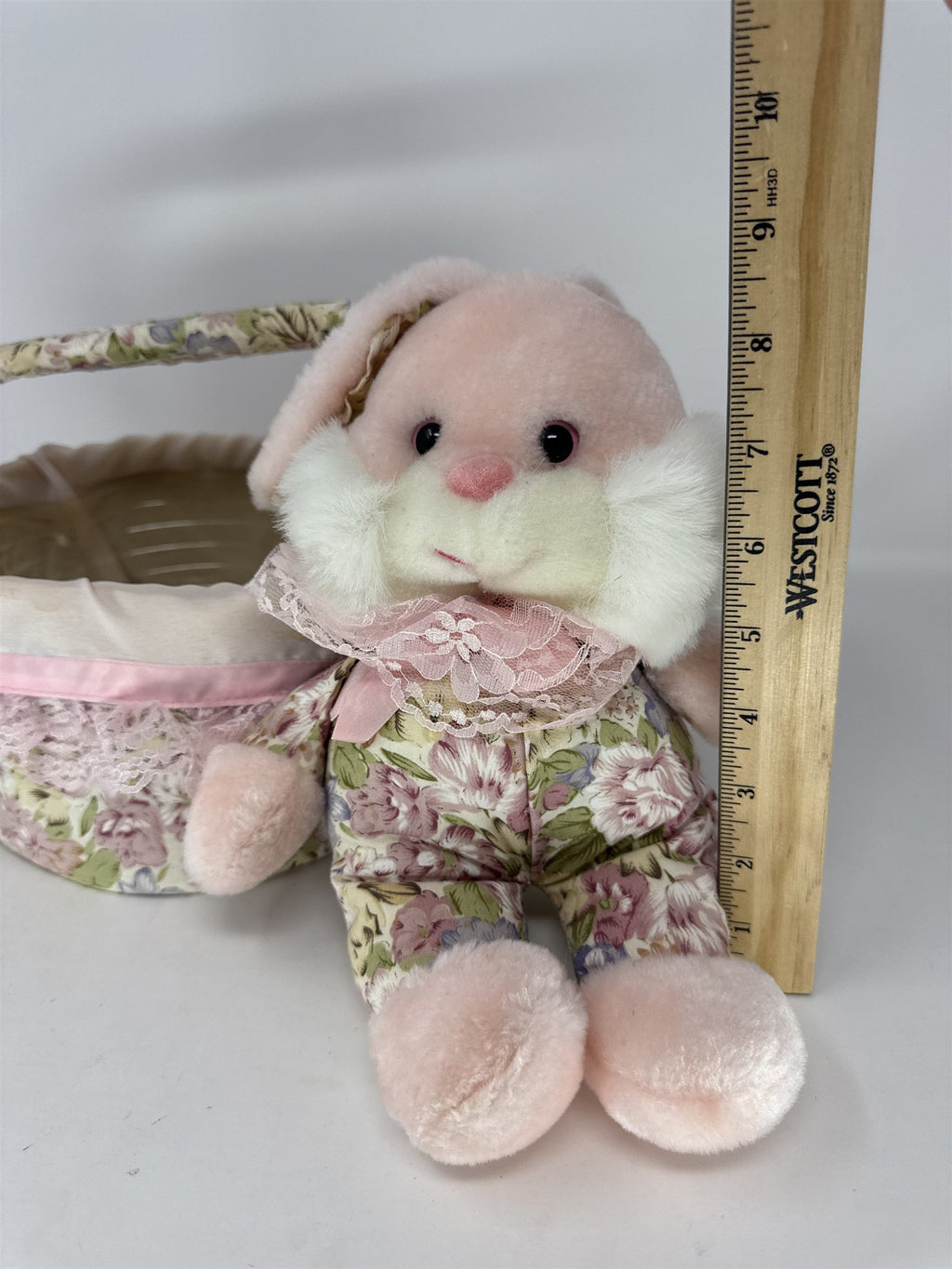 Vintage Easter Bunny Plush Basket Pink Floral Fabric Lace Trim Plastic Liner