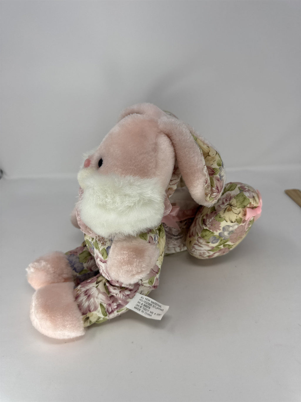 Vintage Easter Bunny Plush Basket Pink Floral Fabric Lace Trim Plastic Liner
