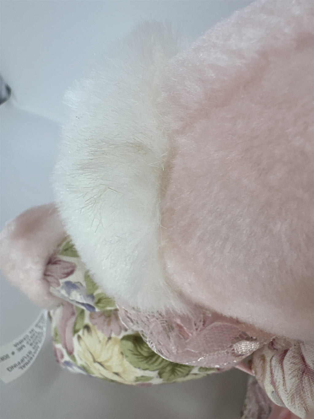 Vintage Easter Bunny Plush Basket Pink Floral Fabric Lace Trim Plastic Liner