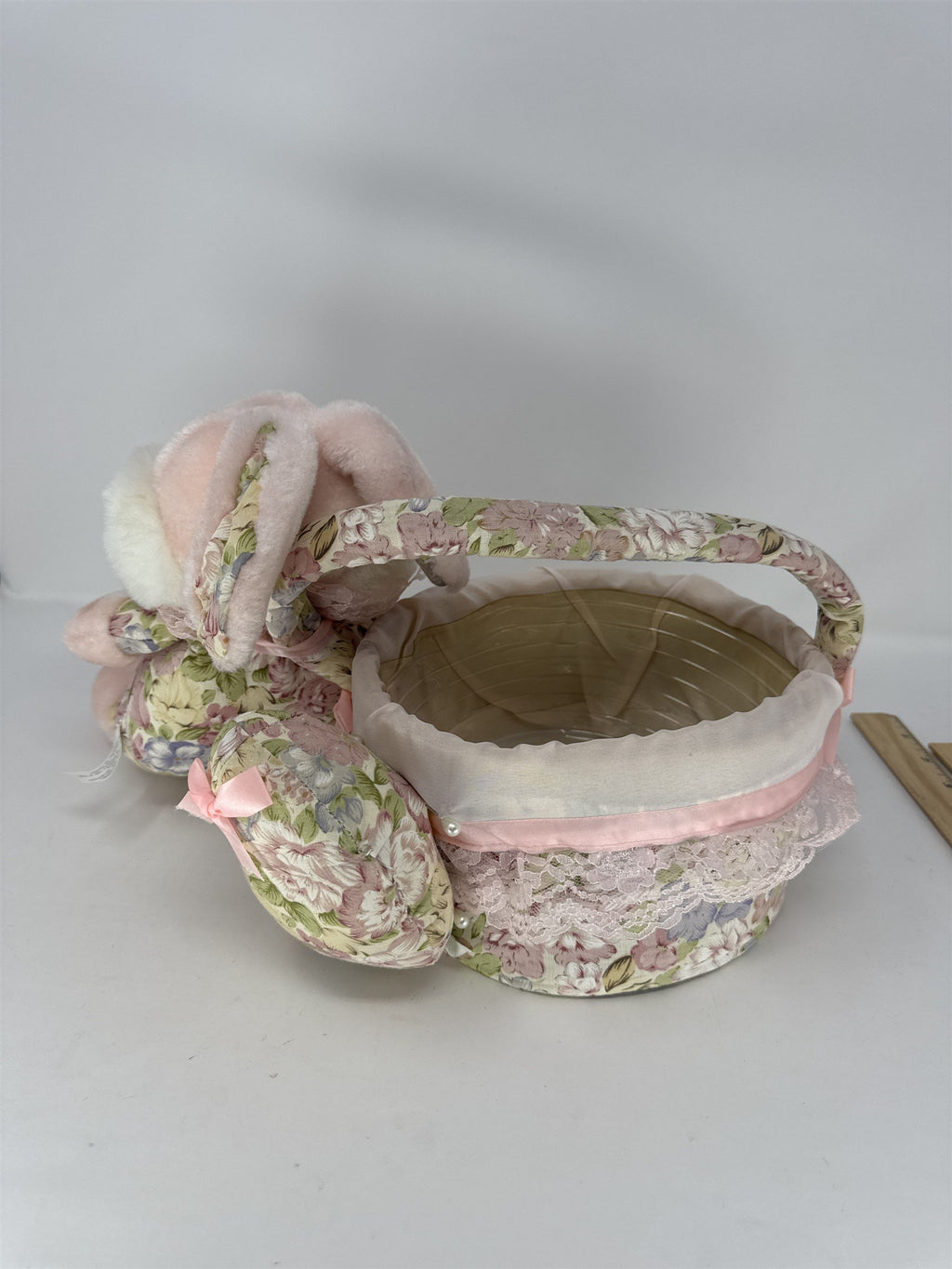 Vintage Easter Bunny Plush Basket Pink Floral Fabric Lace Trim Plastic Liner