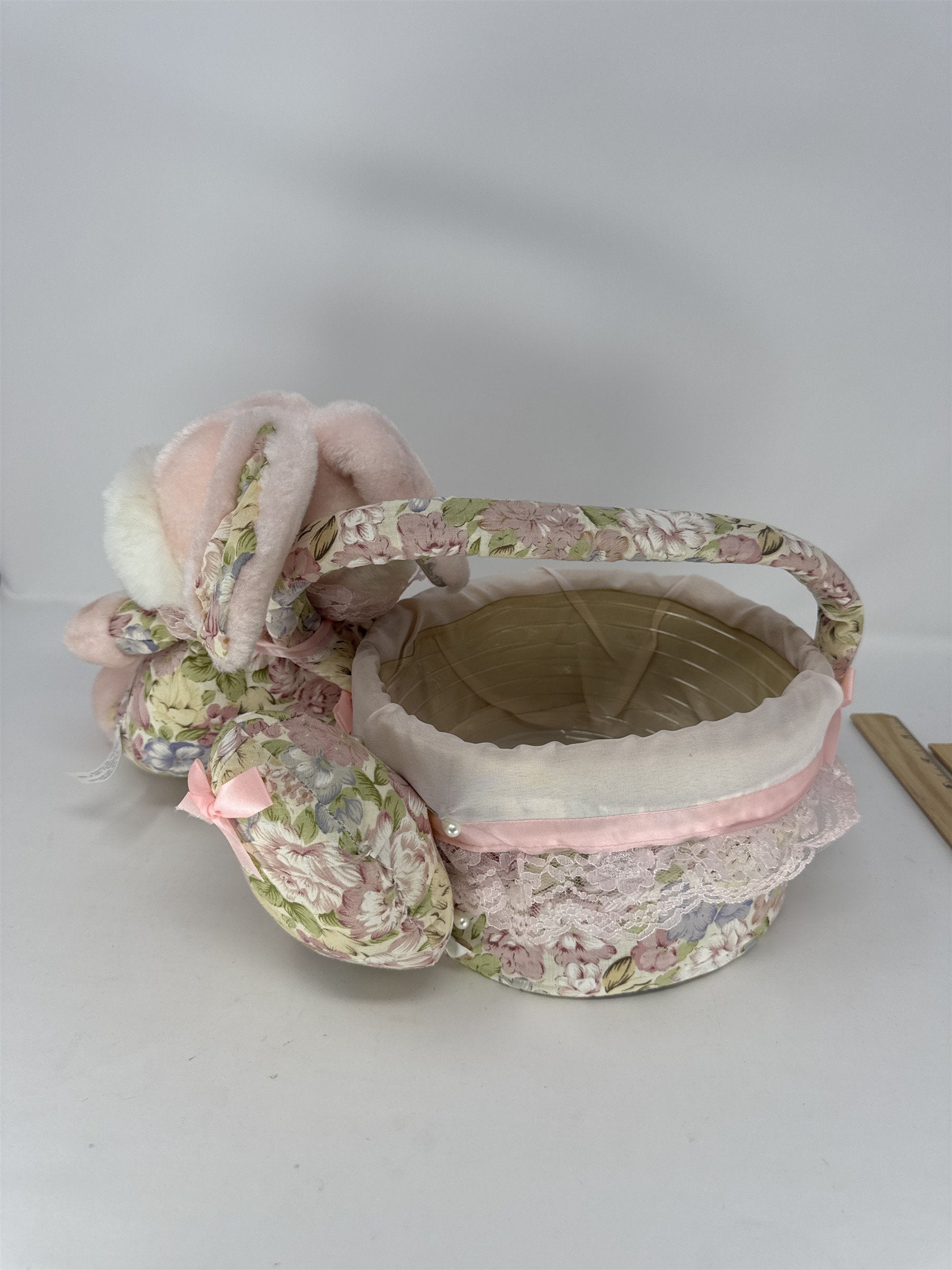 Vintage Easter Bunny Plush Basket Pink Floral Fabric Lace Trim Plastic Liner