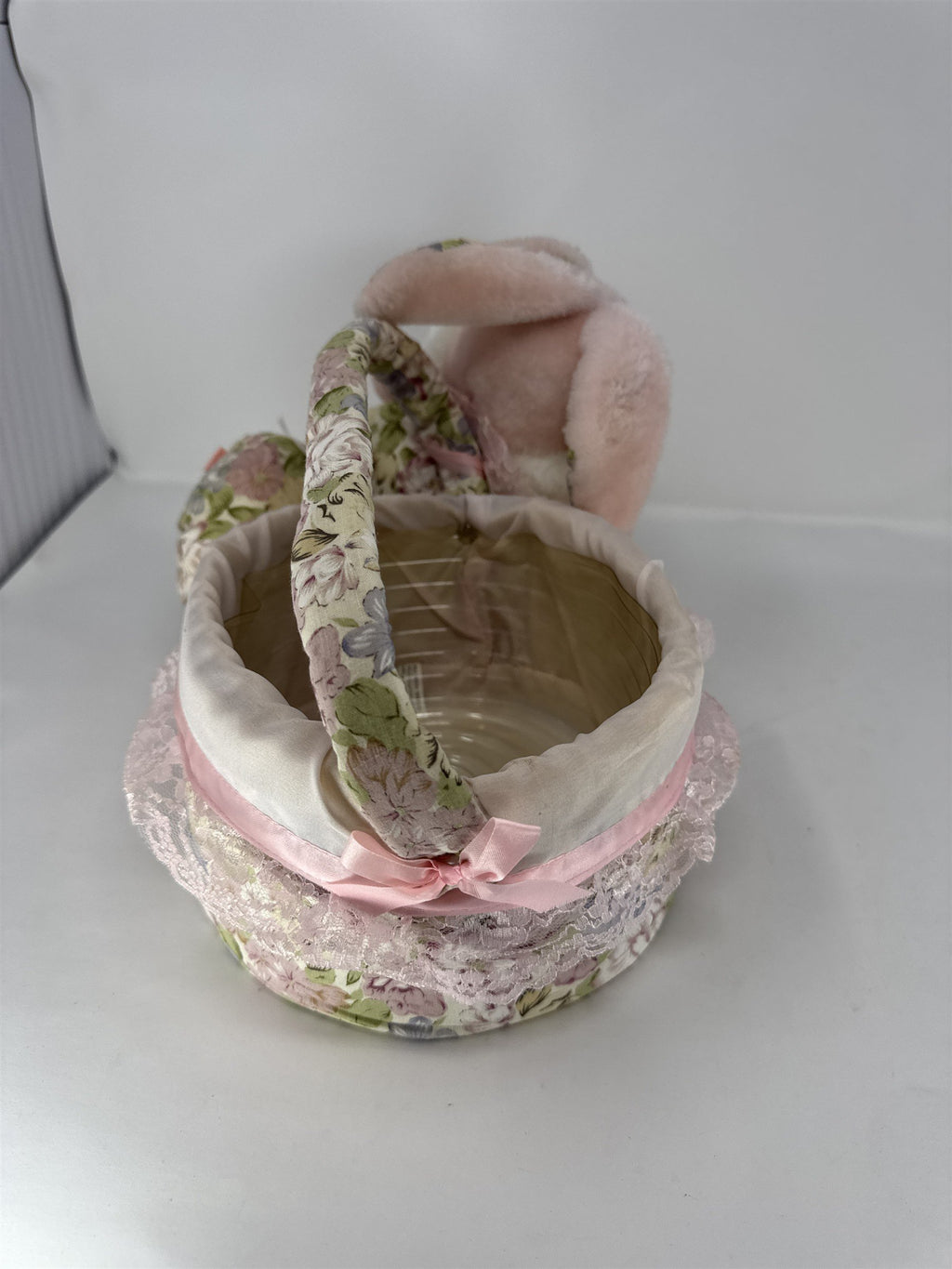 Vintage Easter Bunny Plush Basket Pink Floral Fabric Lace Trim Plastic Liner