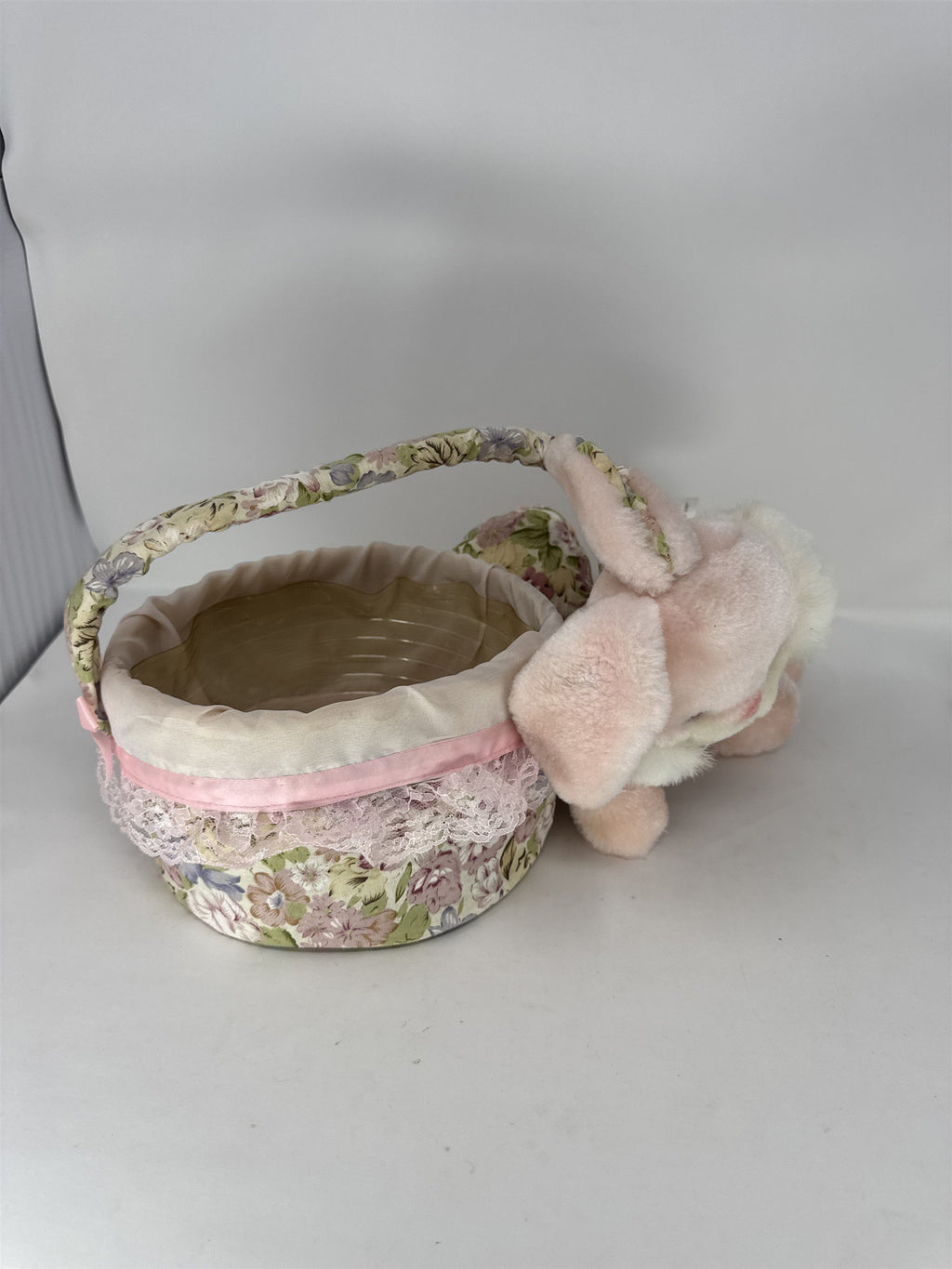 Vintage Easter Bunny Plush Basket Pink Floral Fabric Lace Trim Plastic Liner