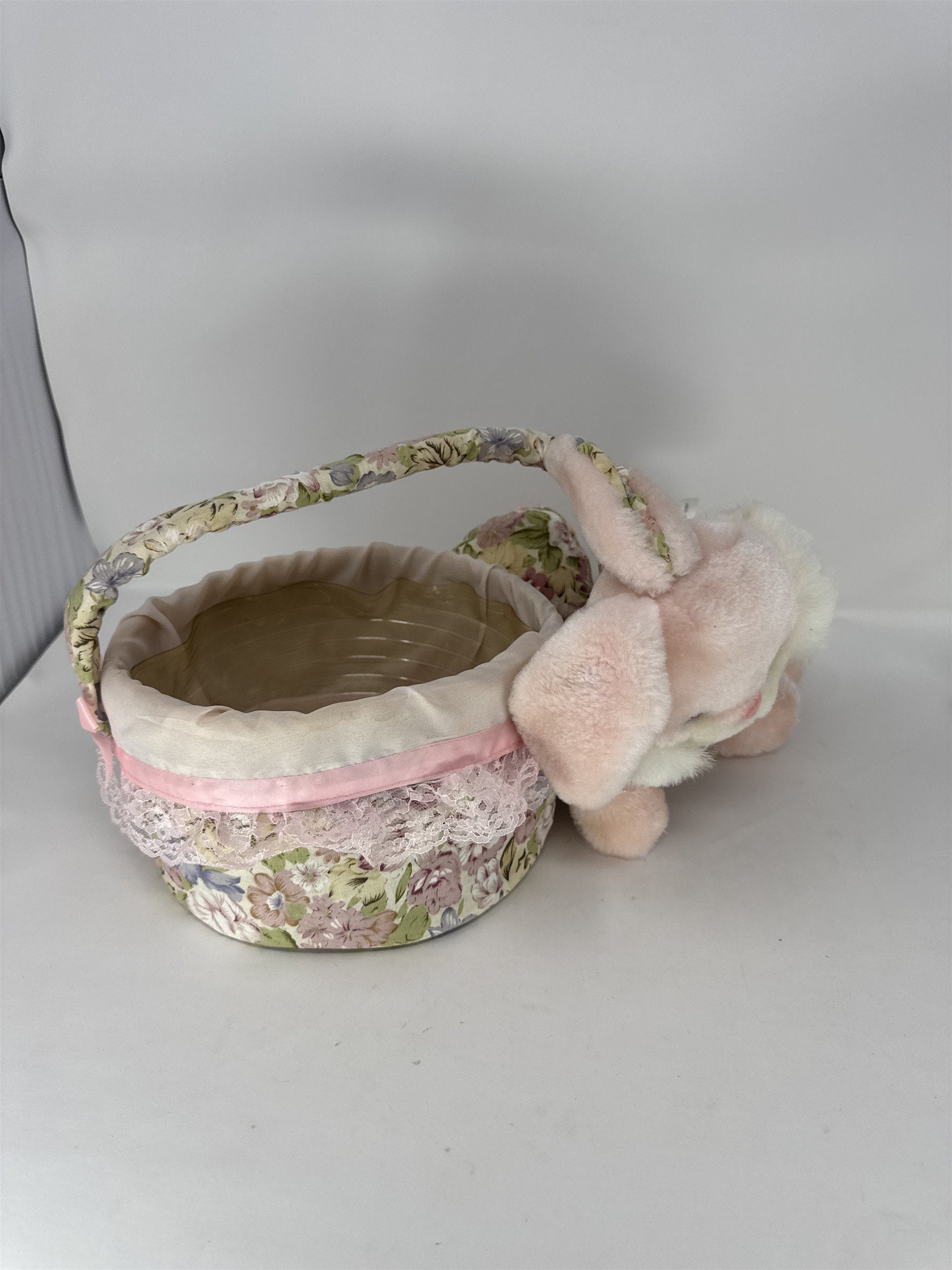 Vintage Easter Bunny Plush Basket Pink Floral Fabric Lace Trim Plastic Liner