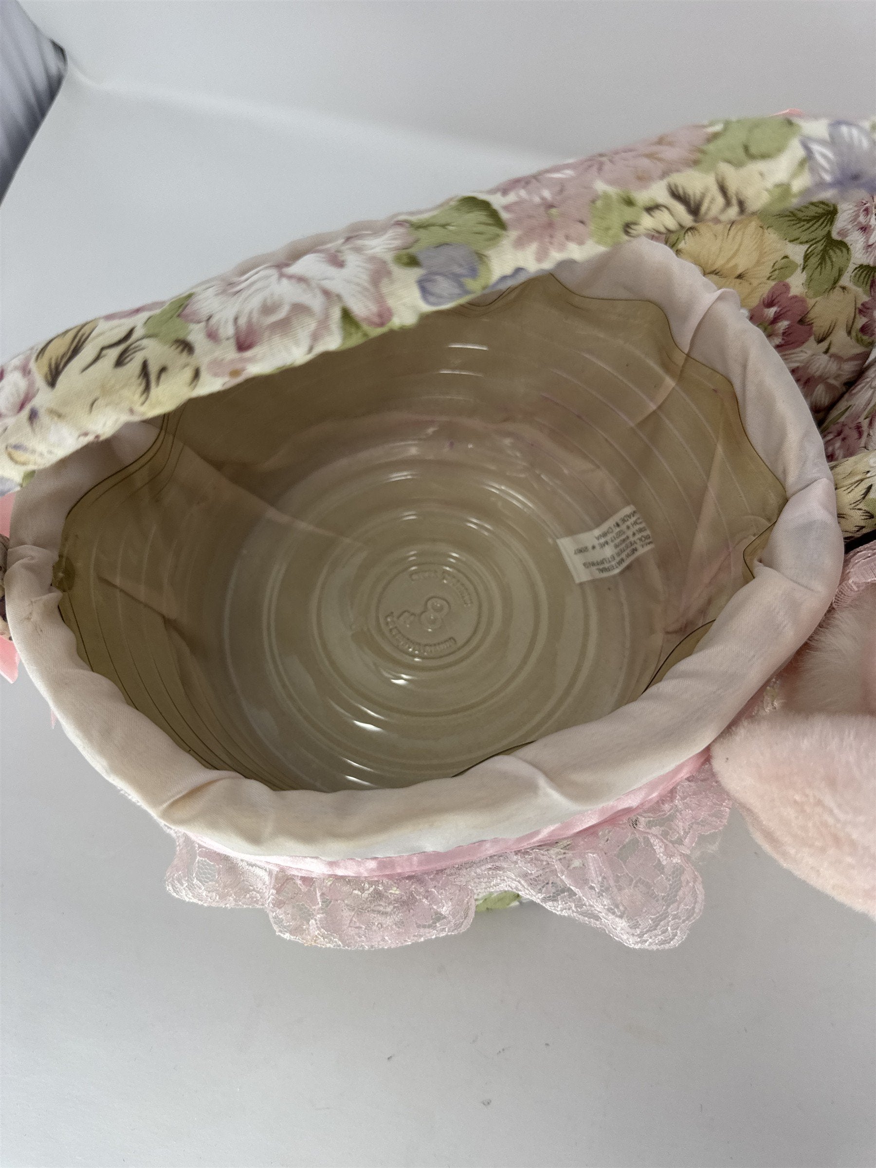 Vintage Easter Bunny Plush Basket Pink Floral Fabric Lace Trim Plastic Liner