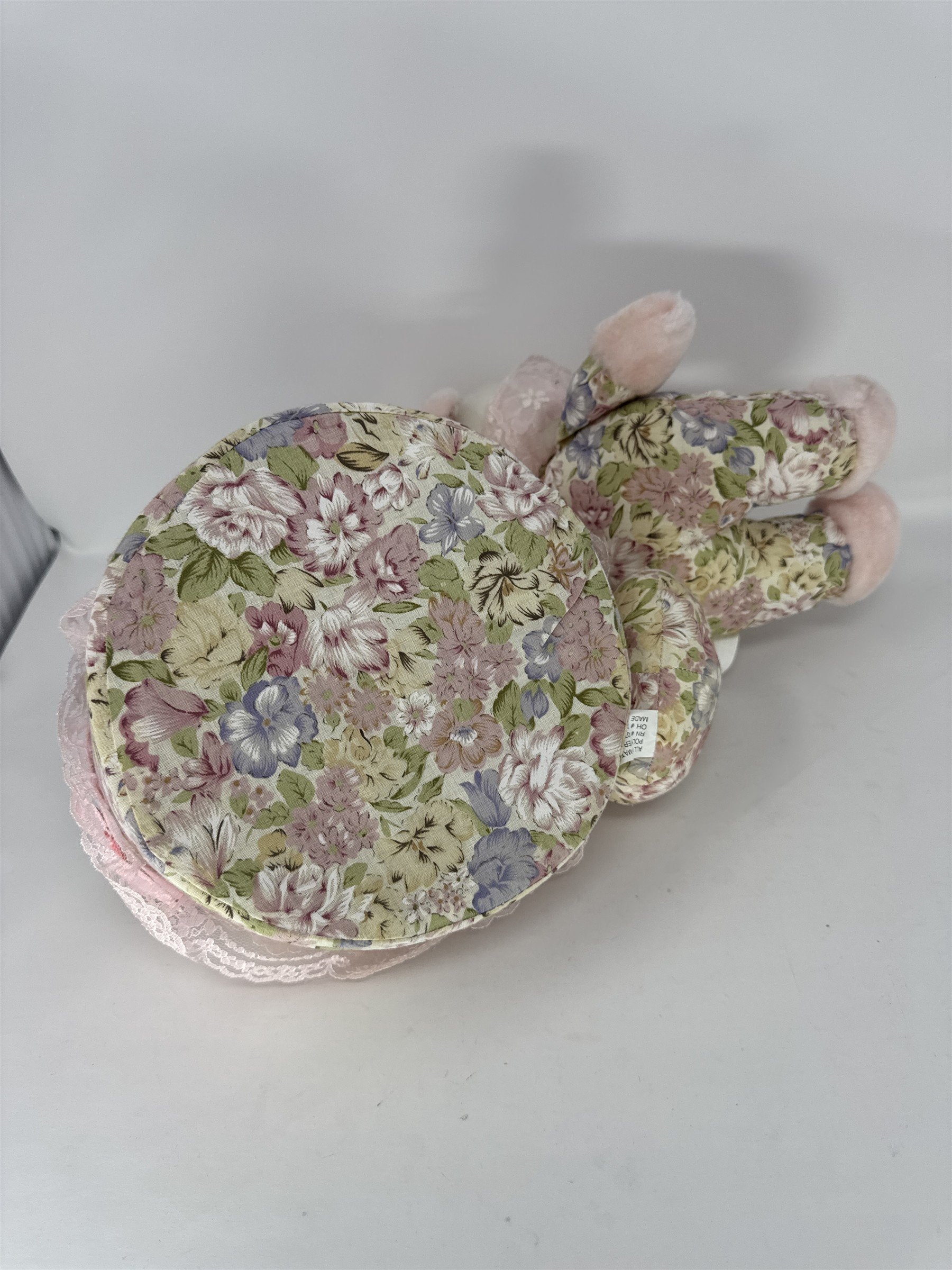 Vintage Easter Bunny Plush Basket Pink Floral Fabric Lace Trim Plastic Liner