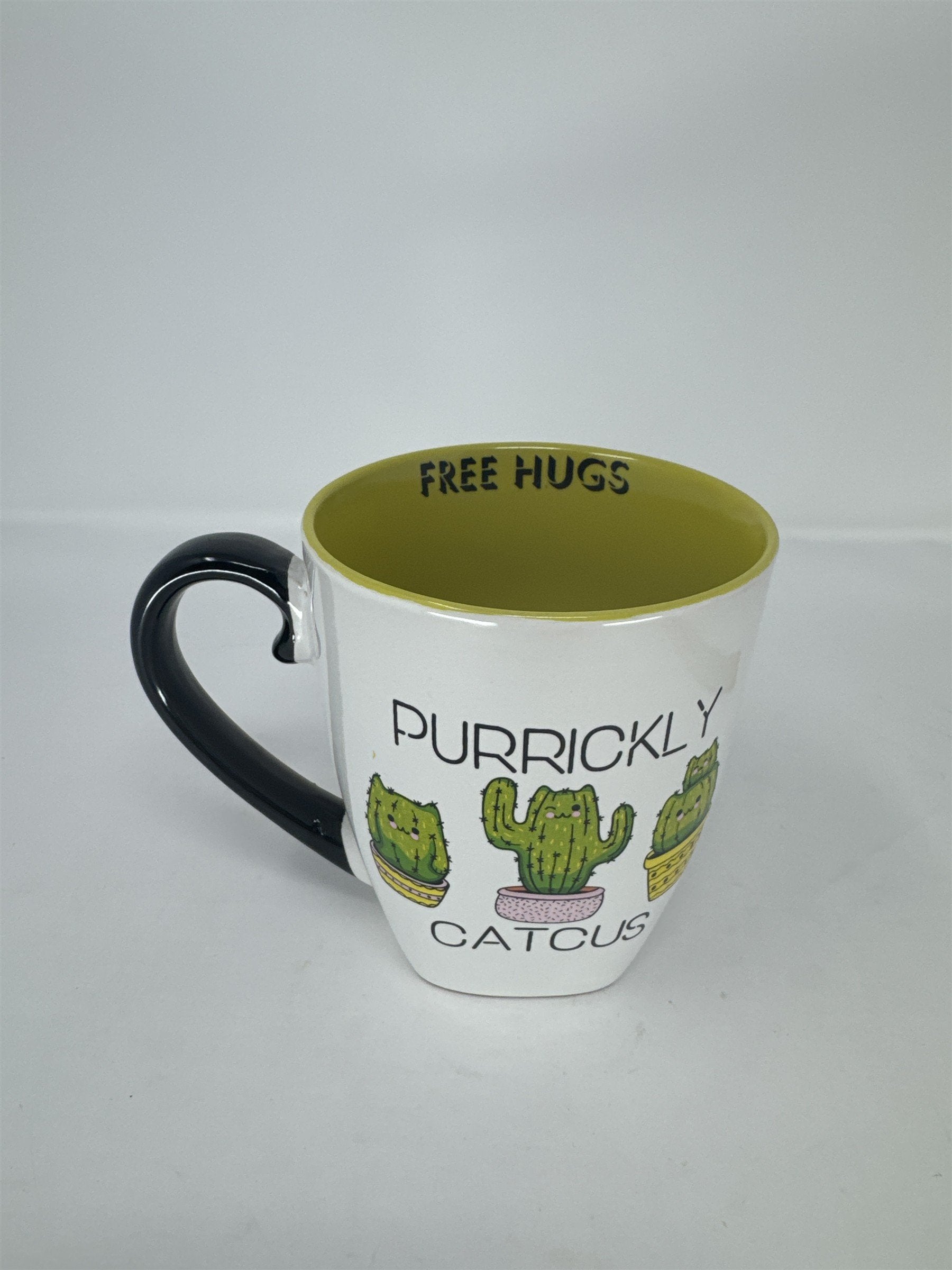 Purrickly Catcus Coffee Mug Cat Cactus Pun Free Hugs Ceramic Tea Cup Green White