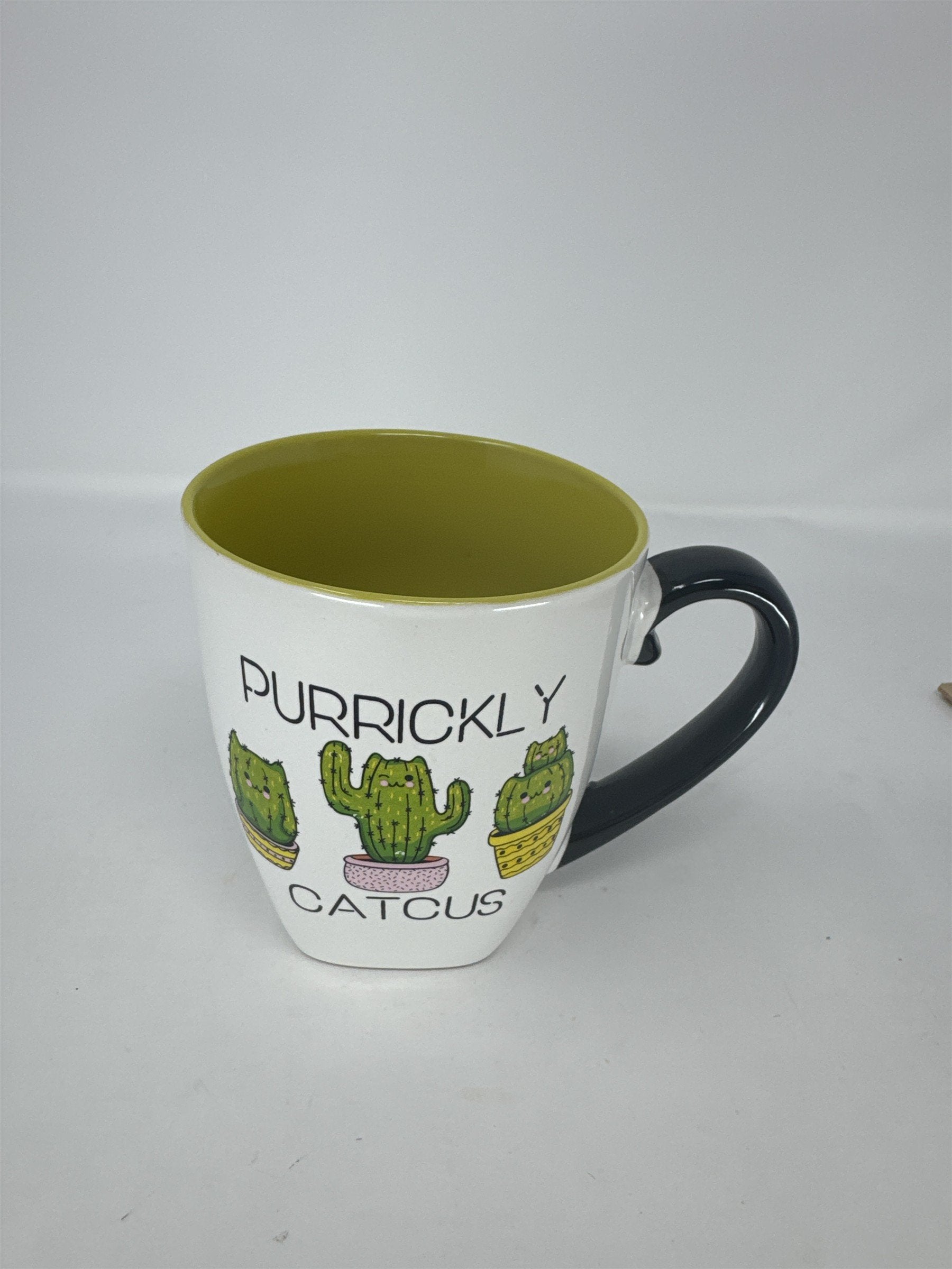 Purrickly Catcus Coffee Mug Cat Cactus Pun Free Hugs Ceramic Tea Cup Green White