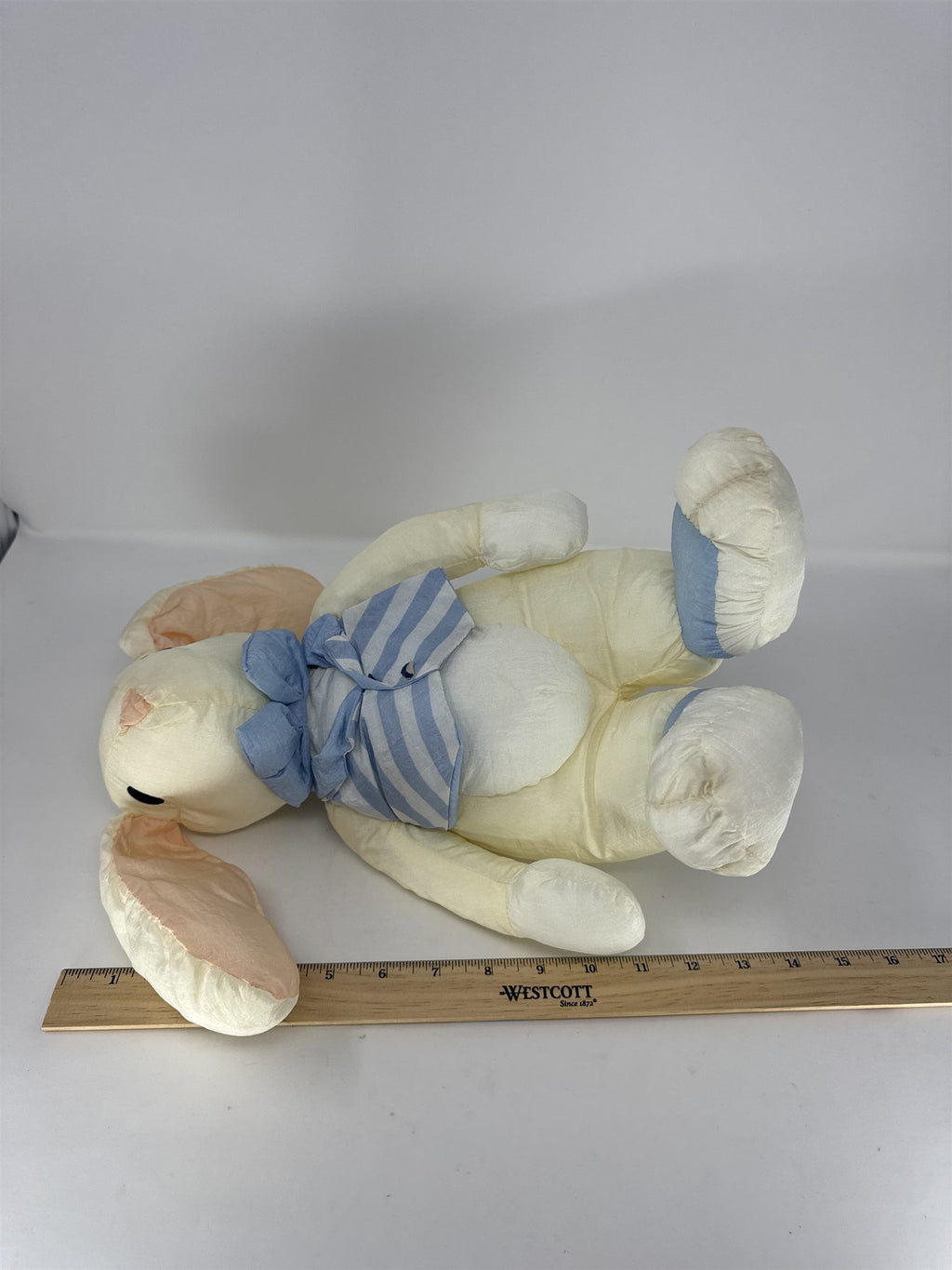 Vintage 1980s Large Easter Bunny Plush Satin Fabric Striped Vest Made In Korea