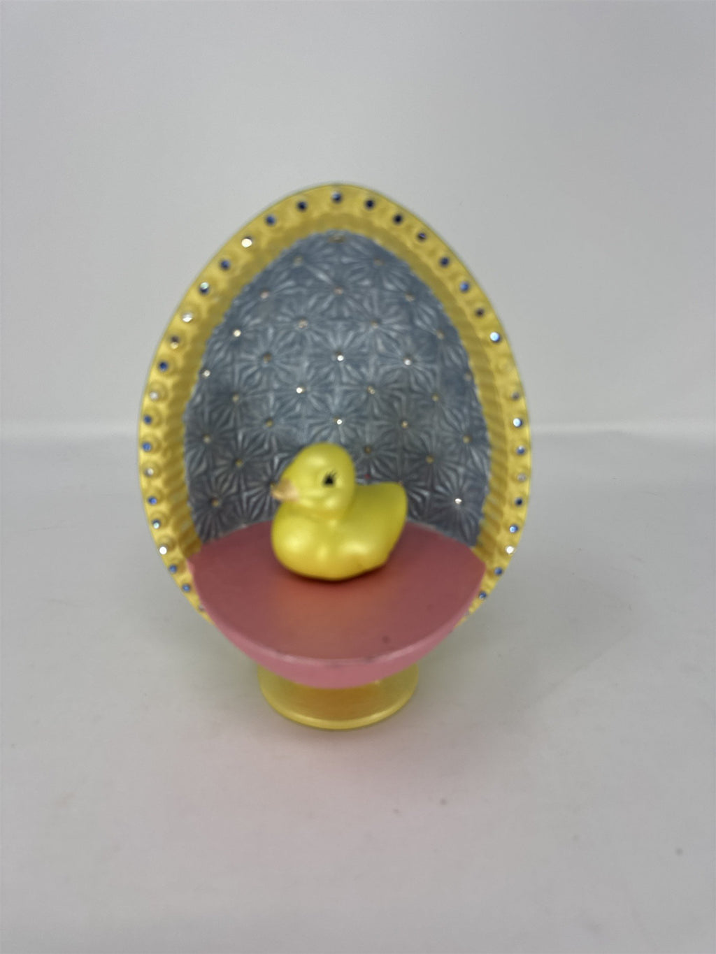 Vintage Hand Painted Easter Egg Figurine Yellow Duckling Rhinestone Diorama