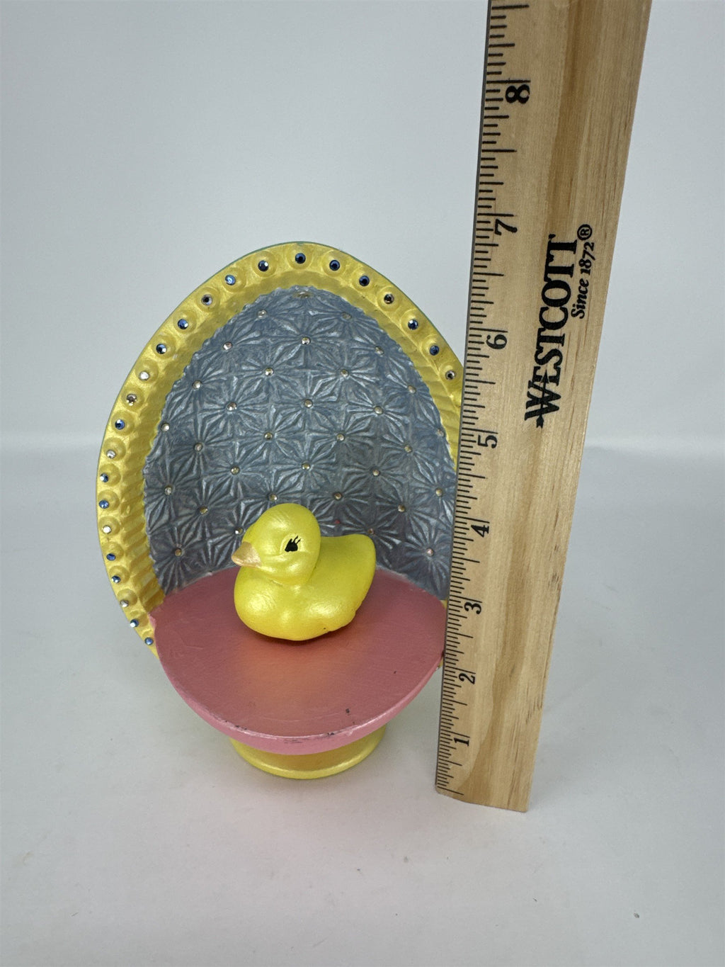 Vintage Hand Painted Easter Egg Figurine Yellow Duckling Rhinestone Diorama