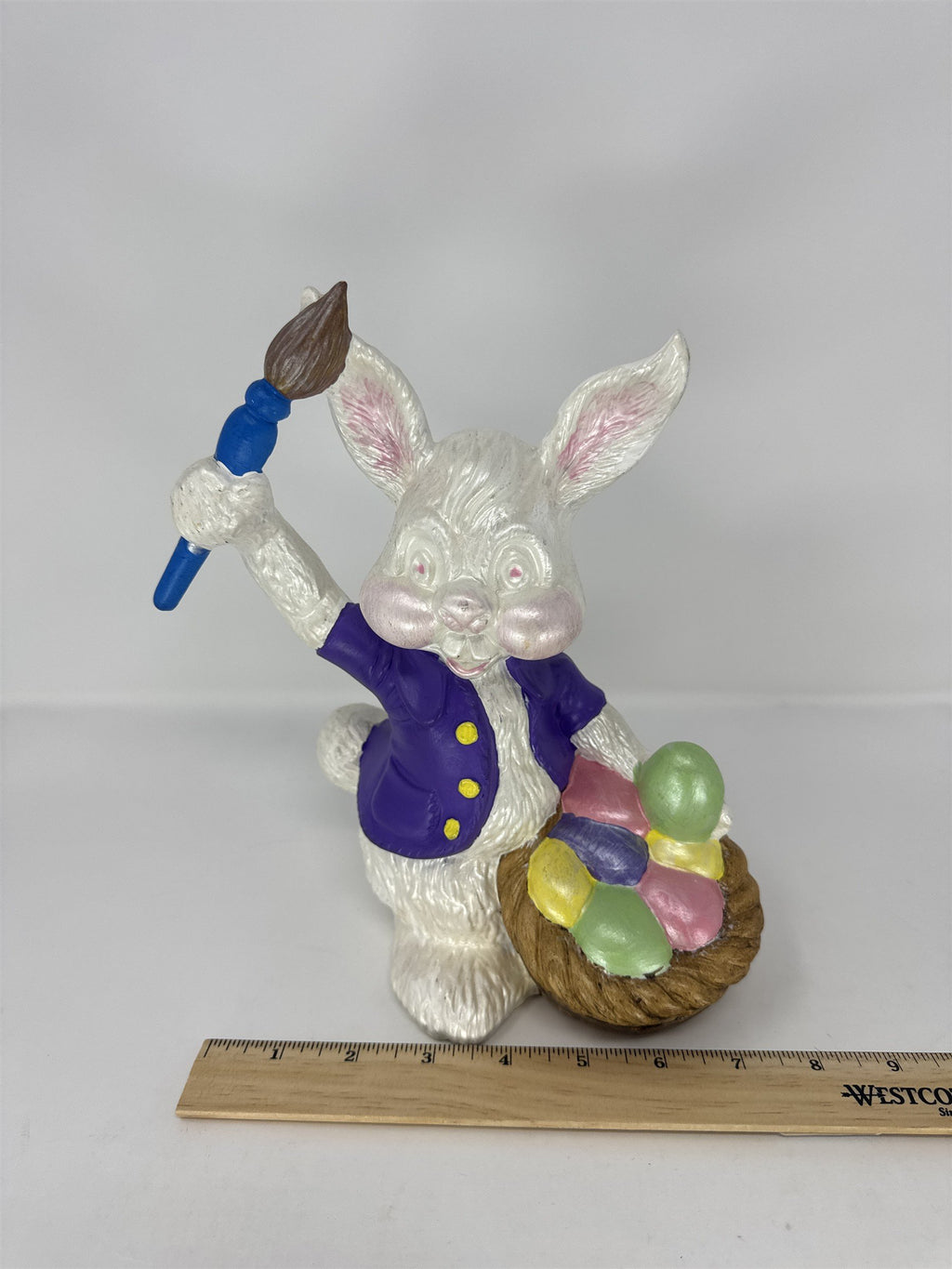 Vintage Ceramic Easter Bunny Figurine Painting Eggs in Basket Kitsch Atlantic