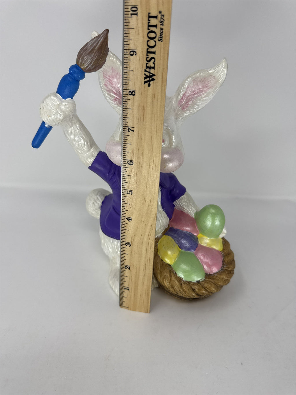 Vintage Ceramic Easter Bunny Figurine Painting Eggs in Basket Kitsch Atlantic