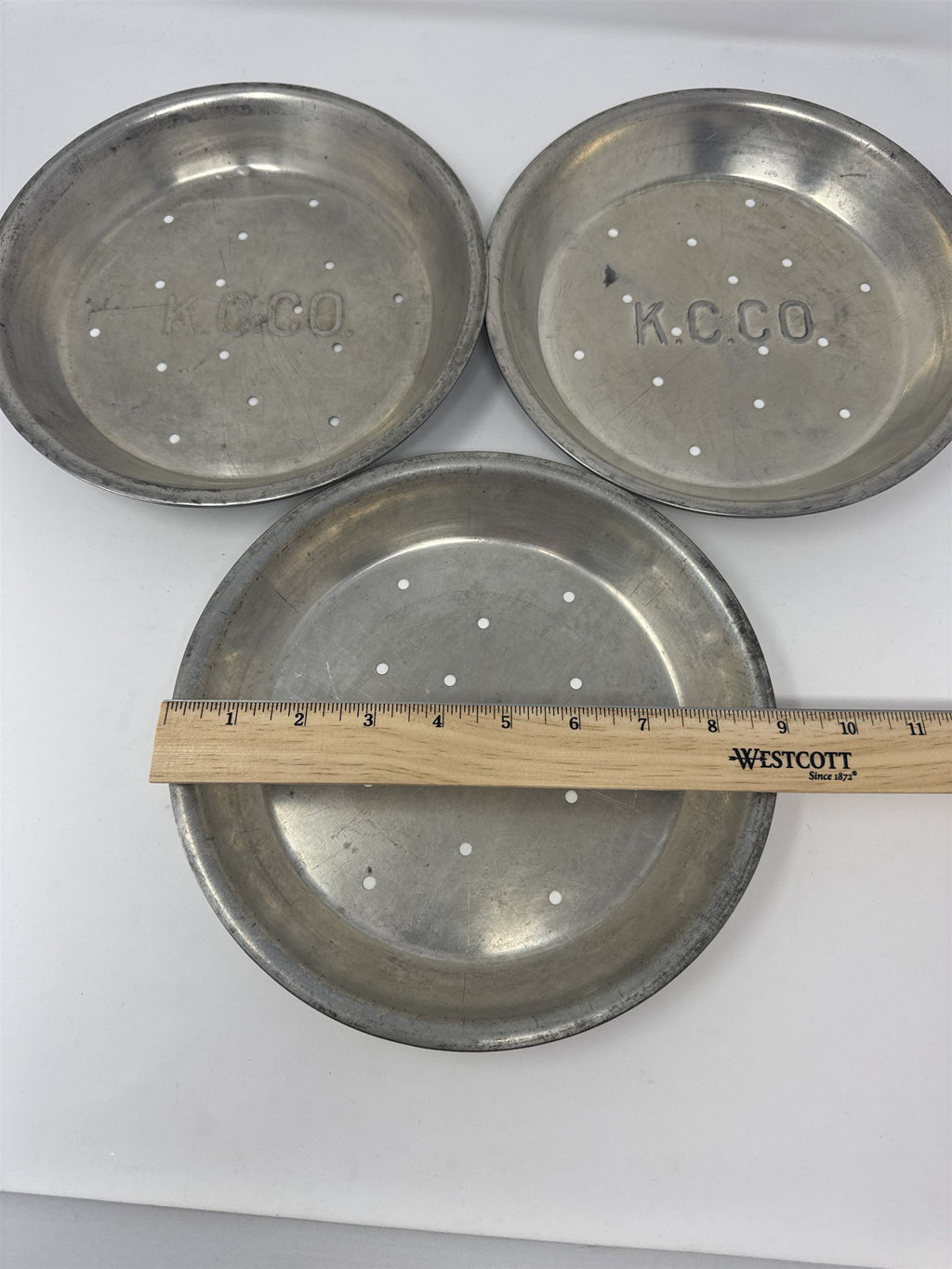 Vtg K.C.C.O. Aluminum Pie Plates Set of 3 9" Perforated Metal Baking Tins