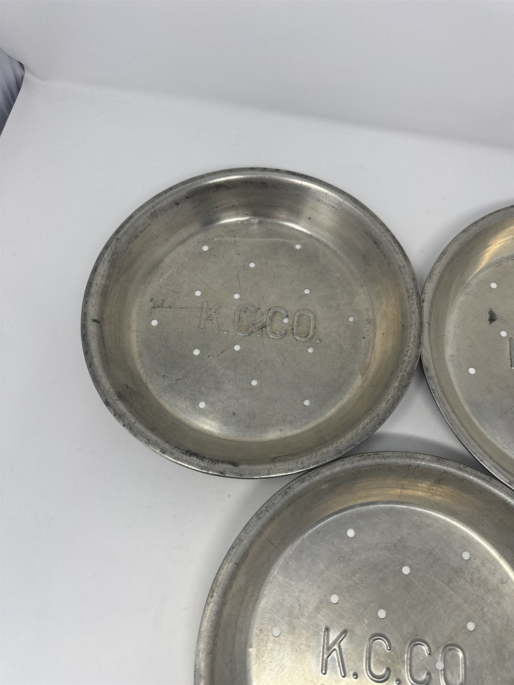 Vtg K.C.C.O. Aluminum Pie Plates Set of 3 9" Perforated Metal Baking Tins