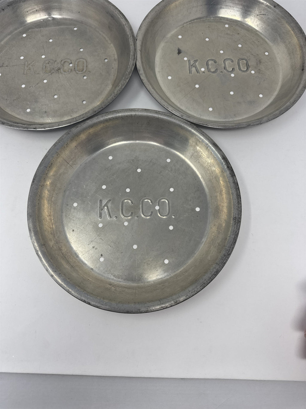 Vtg K.C.C.O. Aluminum Pie Plates Set of 3 9" Perforated Metal Baking Tins