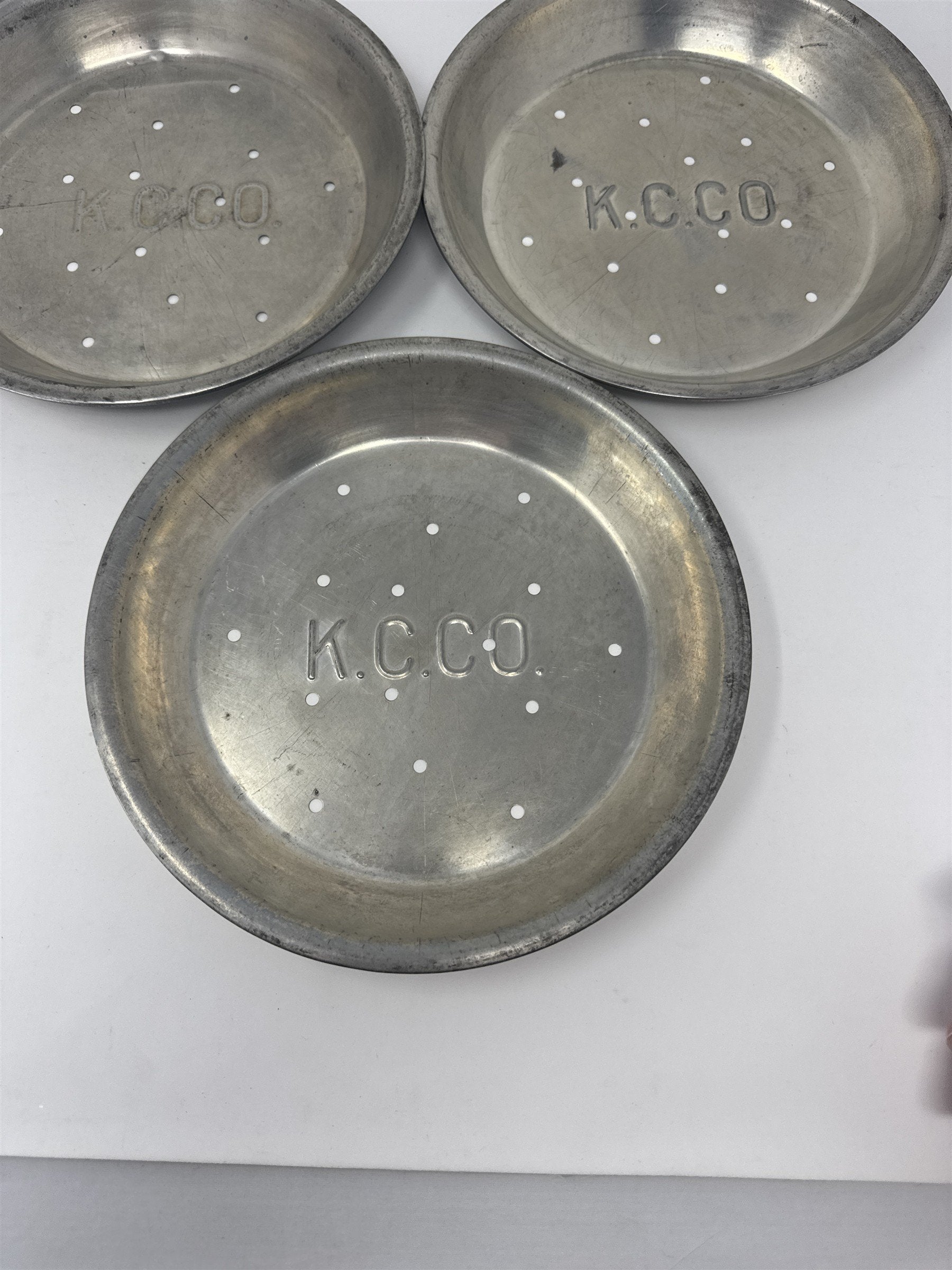 Vtg K.C.C.O. Aluminum Pie Plates Set of 3 9" Perforated Metal Baking Tins