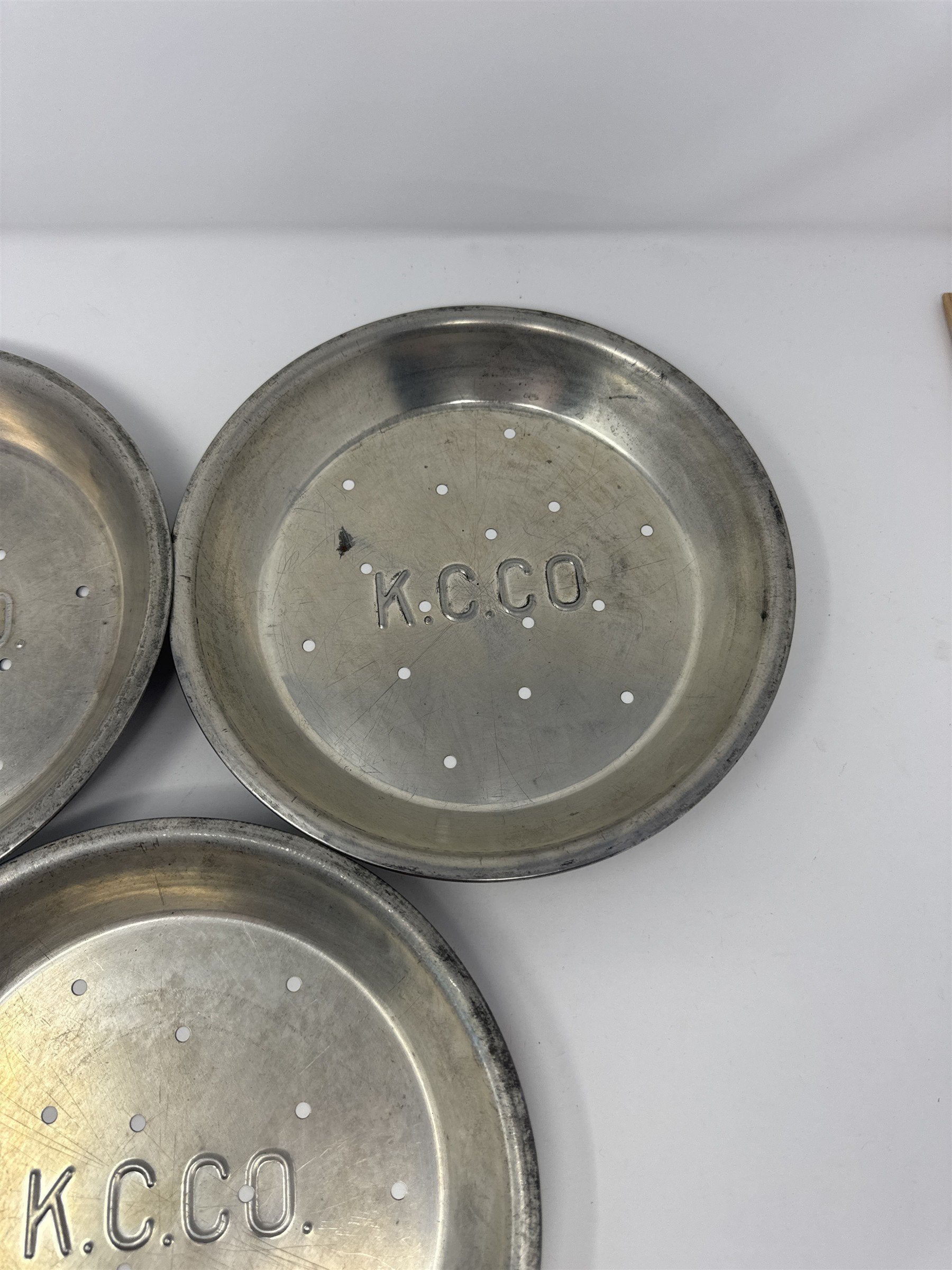 Vtg K.C.C.O. Aluminum Pie Plates Set of 3 9" Perforated Metal Baking Tins