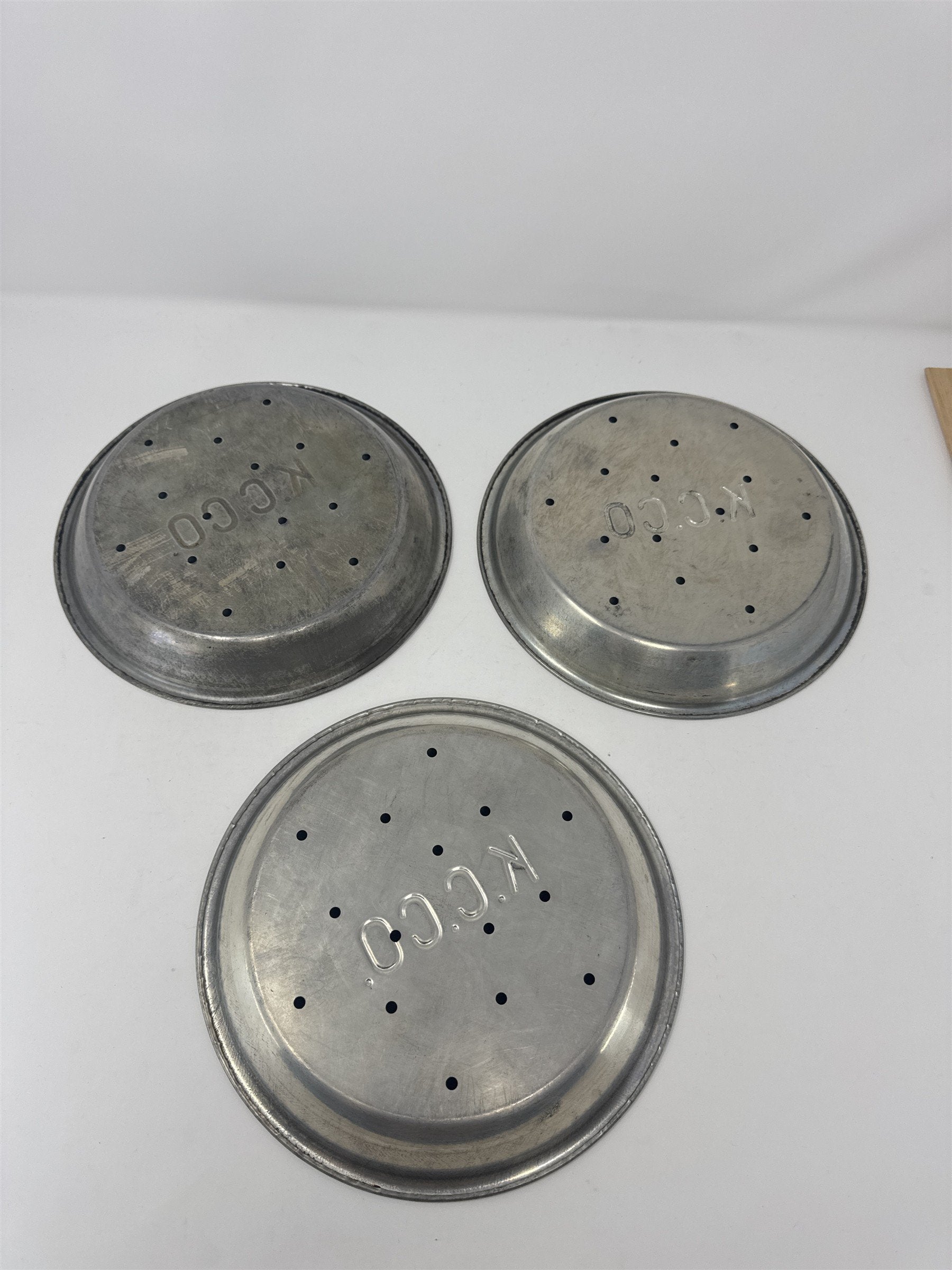 Vtg K.C.C.O. Aluminum Pie Plates Set of 3 9" Perforated Metal Baking Tins