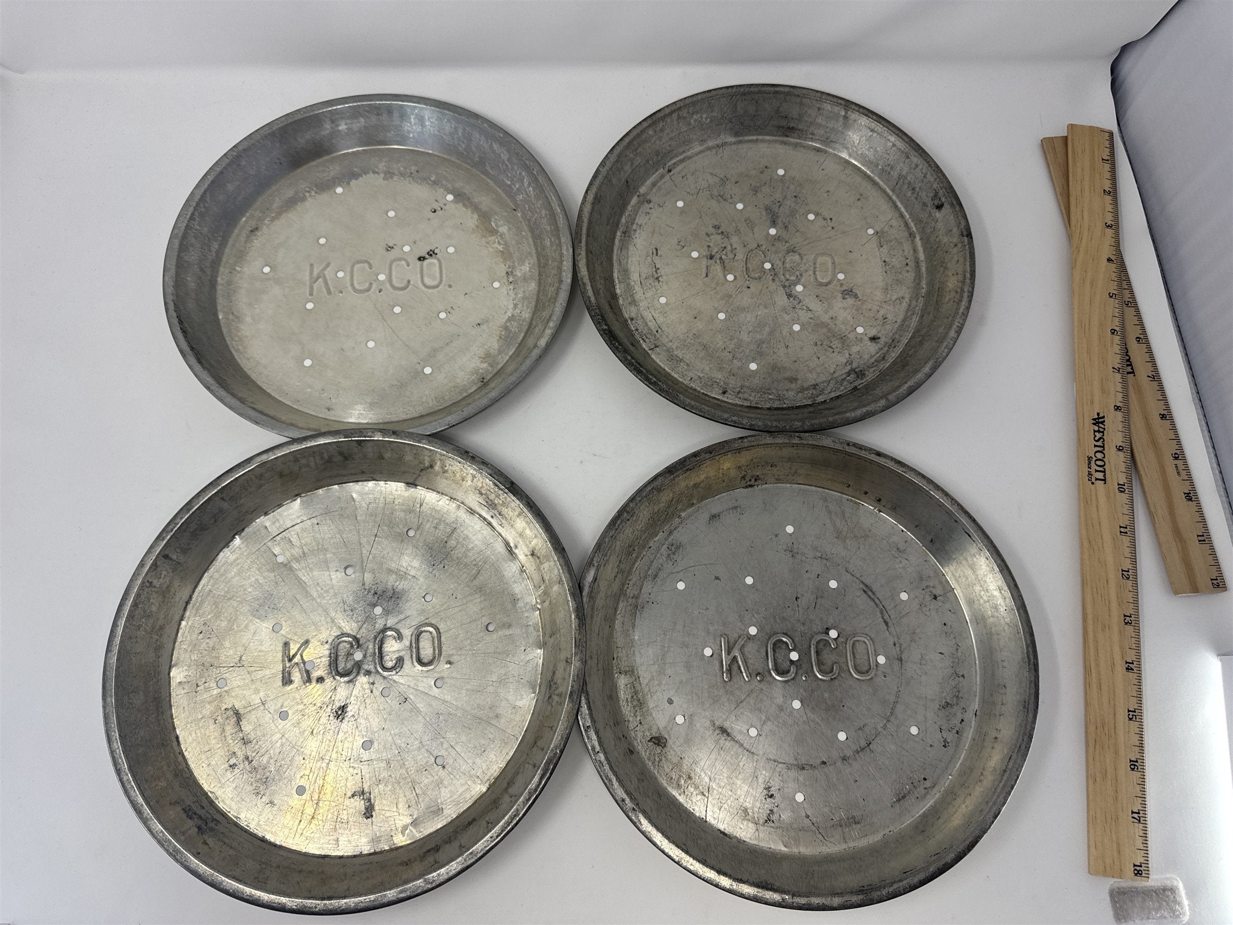 Lot of 4 Vtg K.C.C.O. Aluminum Pie Plates 9" Perforated Metal Baking Tins