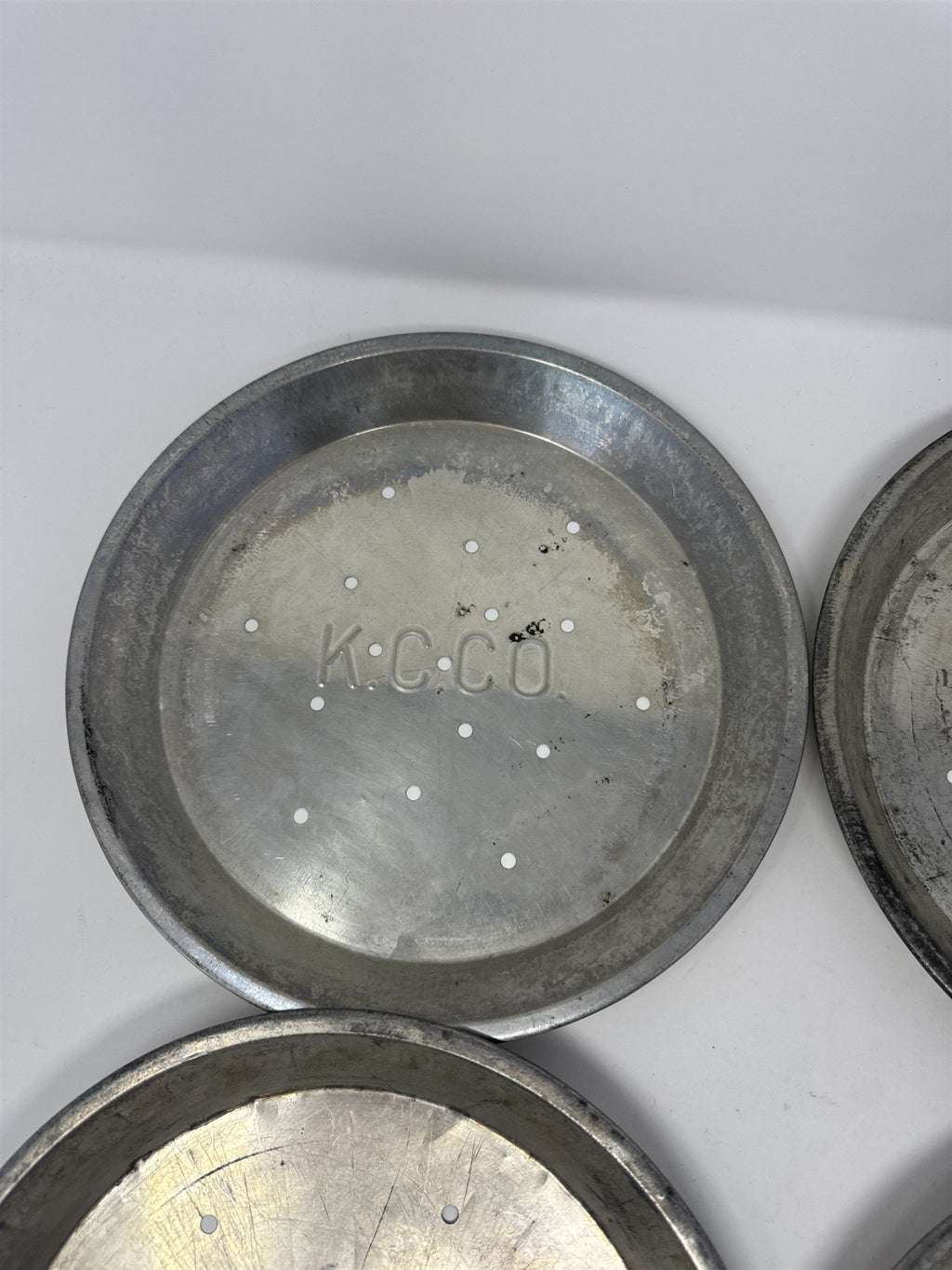 Lot of 4 Vtg K.C.C.O. Aluminum Pie Plates 9" Perforated Metal Baking Tins